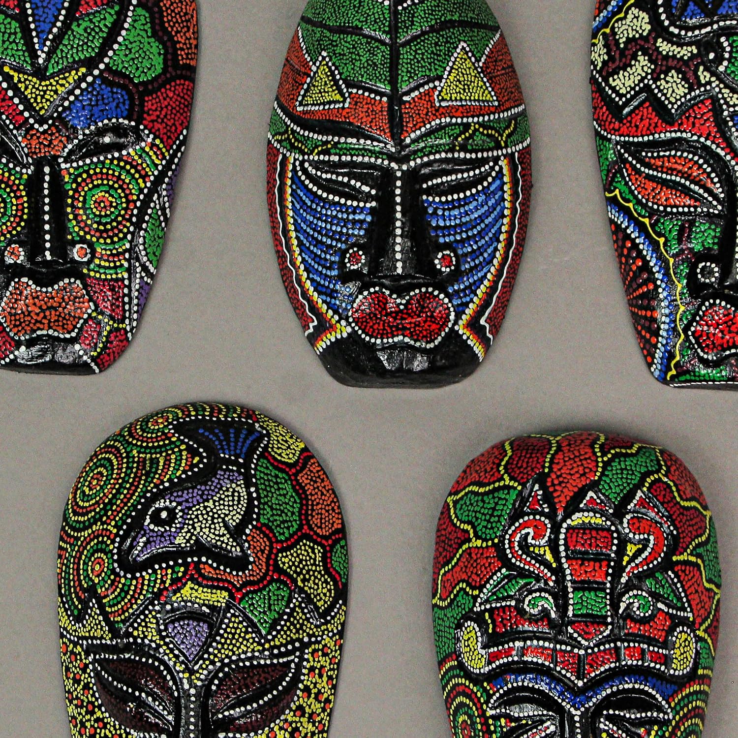 Set of 10 Colorful Hand Carved Tropical Island Dot Painted Tribal Masks 6 1/2 Inches High Wall Hangings | Dot-Painted Indonesian Designs