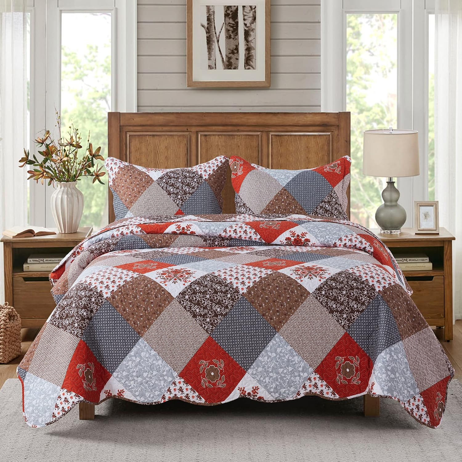 Travan Queen Quilt Set 3-Piece Bedspread Quilted Oversized Lightweight Microfiber Coverlet Set with Shams Violet Purple Floral Pattern Quilted