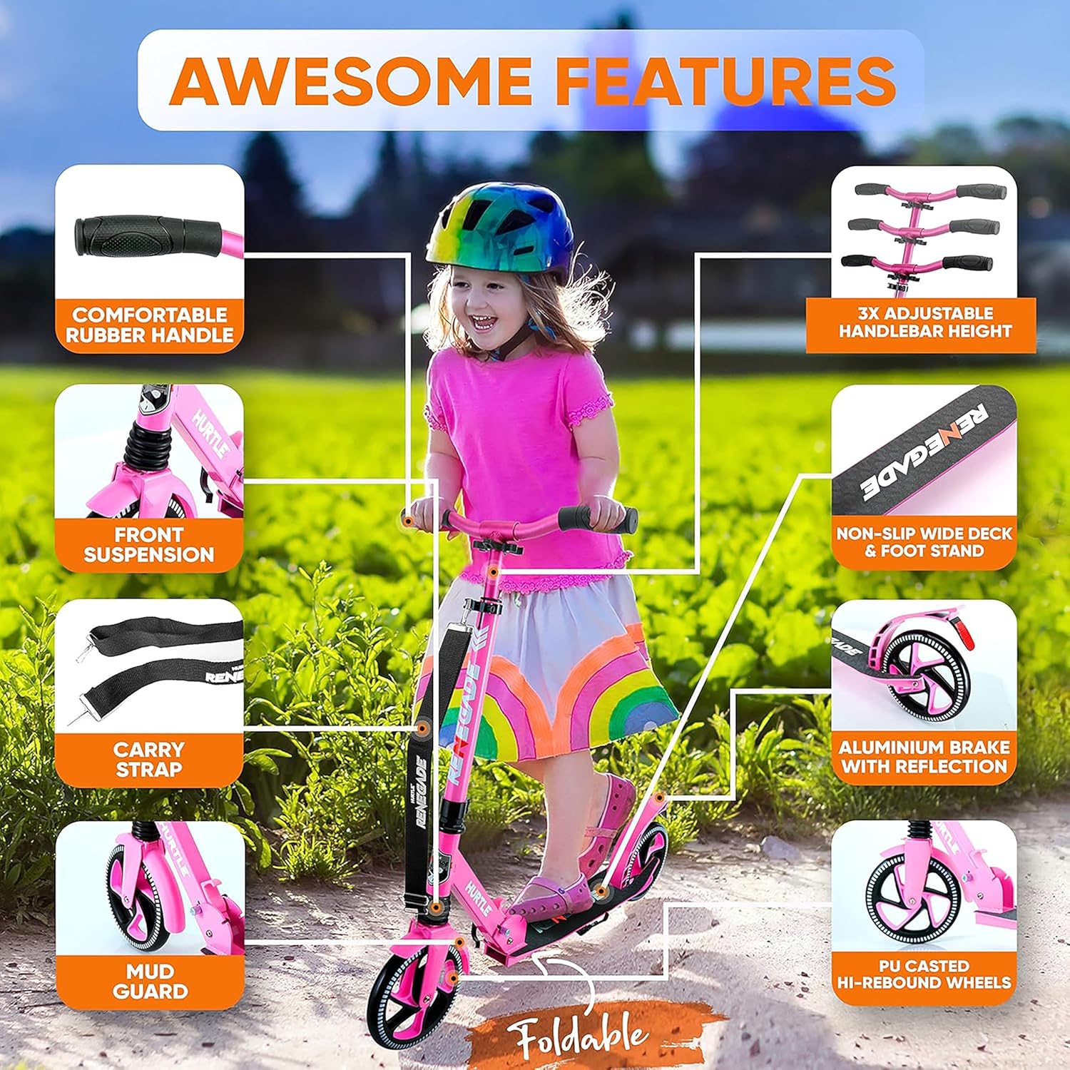 Hurtle Renegade Kick Scooter for Kids, Teenagers & Adults - 2-Wheel Folding Scooter with Adjustable T-Bar Handlebar - Alloy Anti-Slip Deck