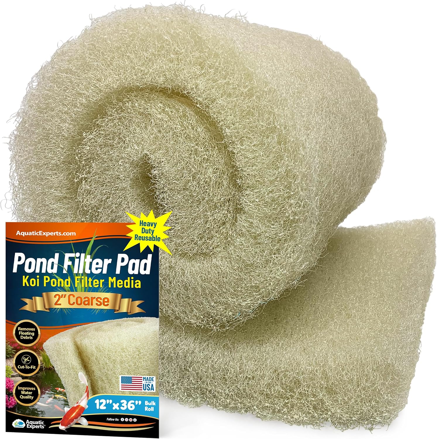 Aquatic Experts Cream COARSE Pond Filter Pad - 2 inch Thick - Bulk Roll Water Garden Filter Pond Media - Made in USA, (12" x 36")