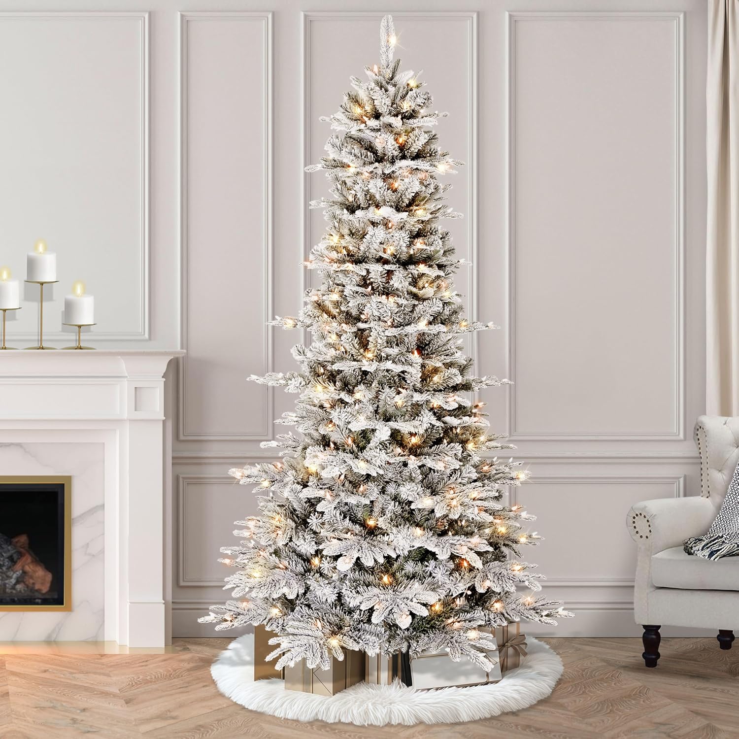Puleo International 7.5ft Pre-Lit Slim Flocked Aspen Fir Christmas Tree with 450 Clear Lights, 1016 Realistic Dense Snow Flocked Branch Tips, Easy Setup Artificial Trees with Sturdy Metal Stand