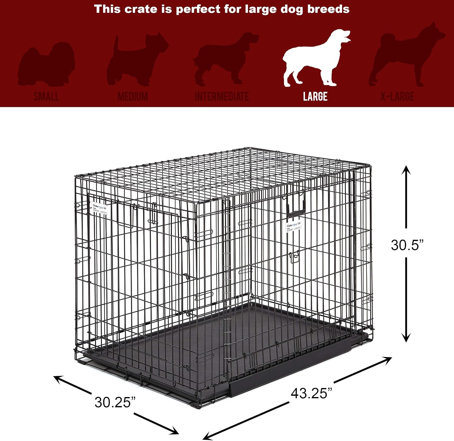 MidWest Homes for Pets Medium Ovation Double Door 30-inch Folding Metal Dog Crate, Front and Up & Away Side Doors, Space-Saving Design