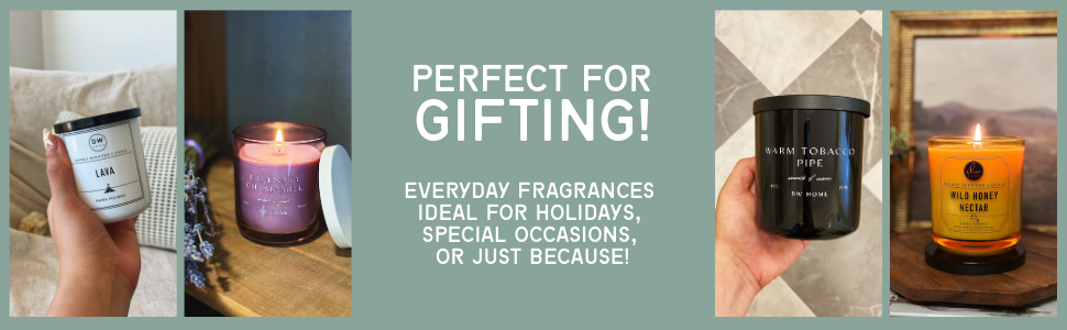 Scented candle gift ideas from DW Home including lavender, warm tobacco pipe, and honey nectar scent
