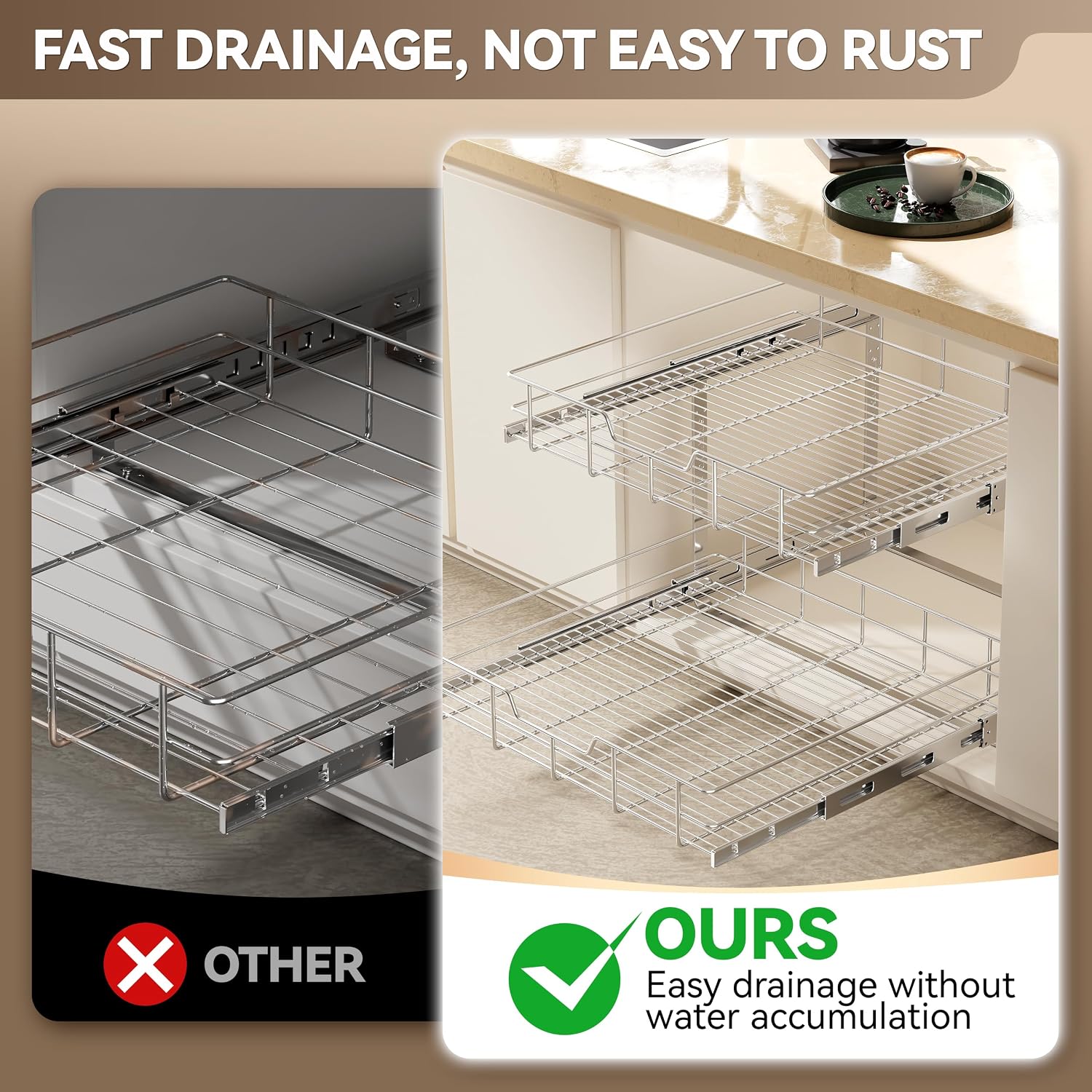 2 Tier Pull Out Cabinet Organizer 11" W X 22" D, Chromed, Full Slide Out
