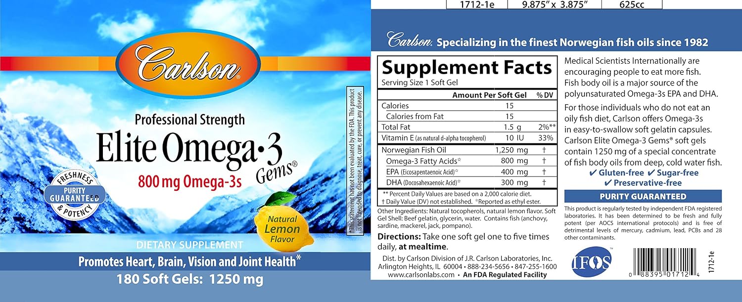Carlson Elite Omega-3 Gems, 1600 mg, from Norway, Lemon, 90 + 30 Softgels | Omega-3 Fatty Acids Including EPA and DHA; Wild-Caught Fish Oil Supplement; Sustainably Sourced Omega 3 Fish Oil Capsules