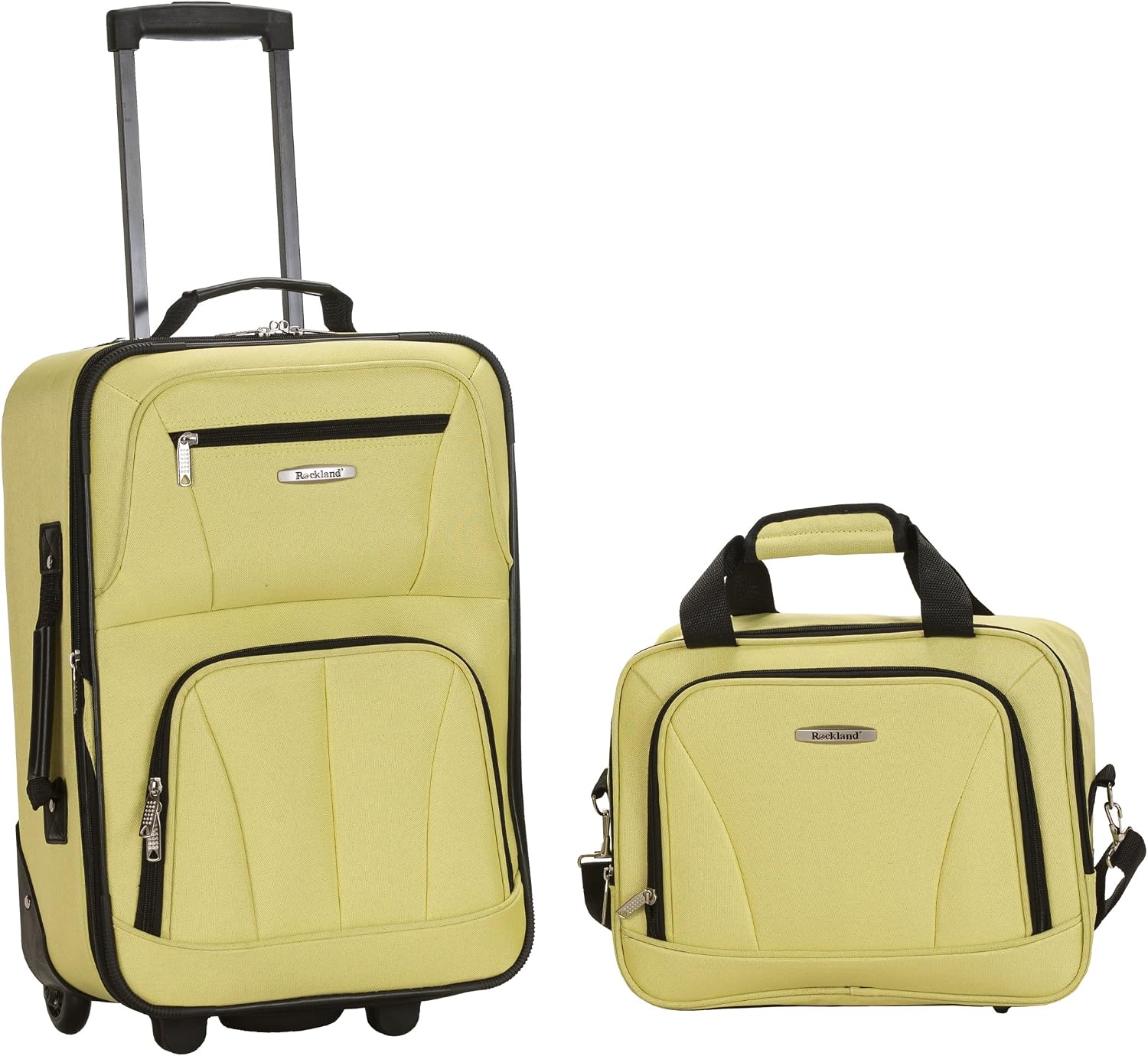 Rockland Fashion Softside Upright Luggage Set,Expandable, Telescopic Handle, Wheel, Black Dot, 2-Piece (14/19)