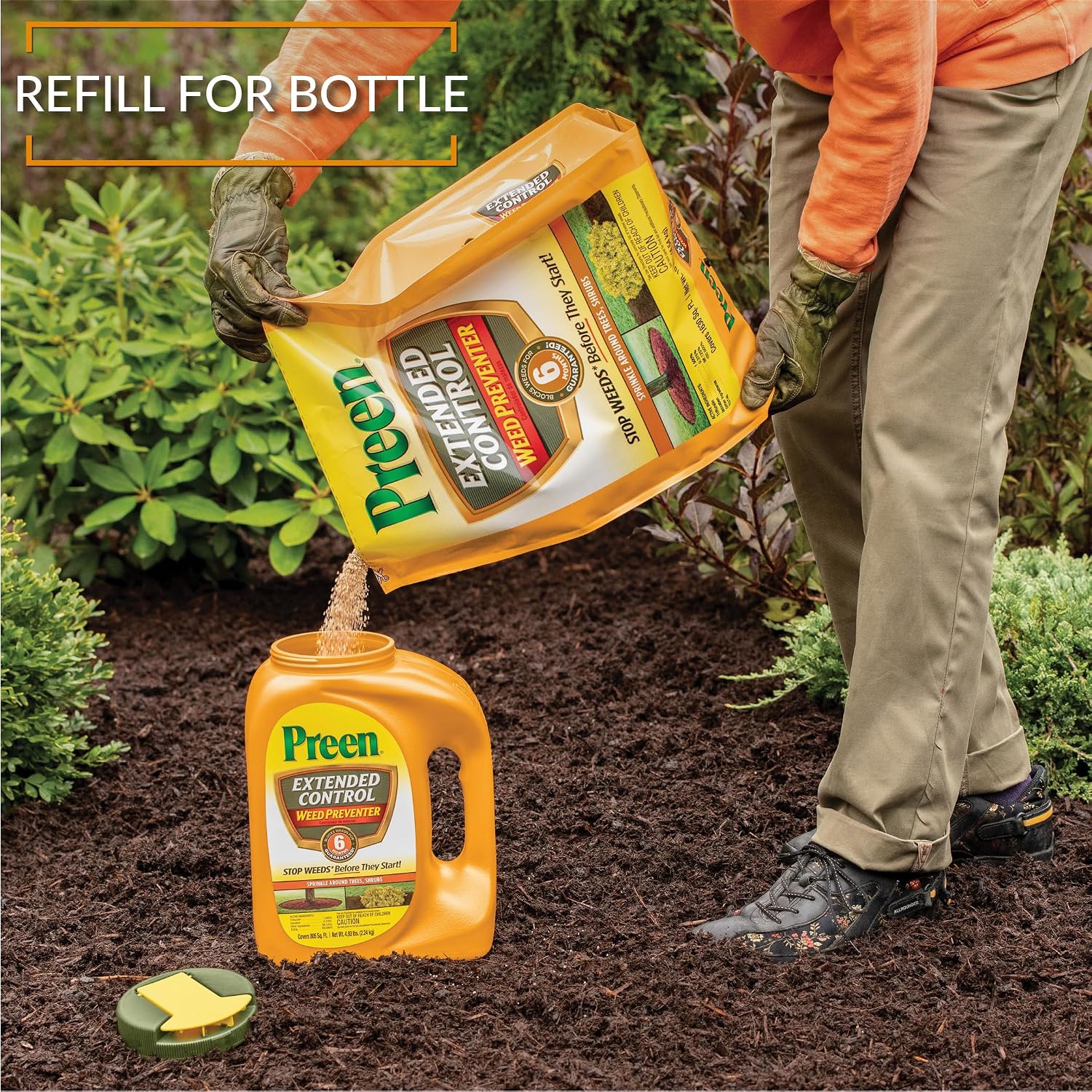 Preen Extended Control Weed Preventer - 4.93 lb. Bottle - Covers 805 sq. ft. | PreEmergent Herbicide for Garden Weed Control –Prevents Weeds up to 6 Months – For Perennials and Shrubs