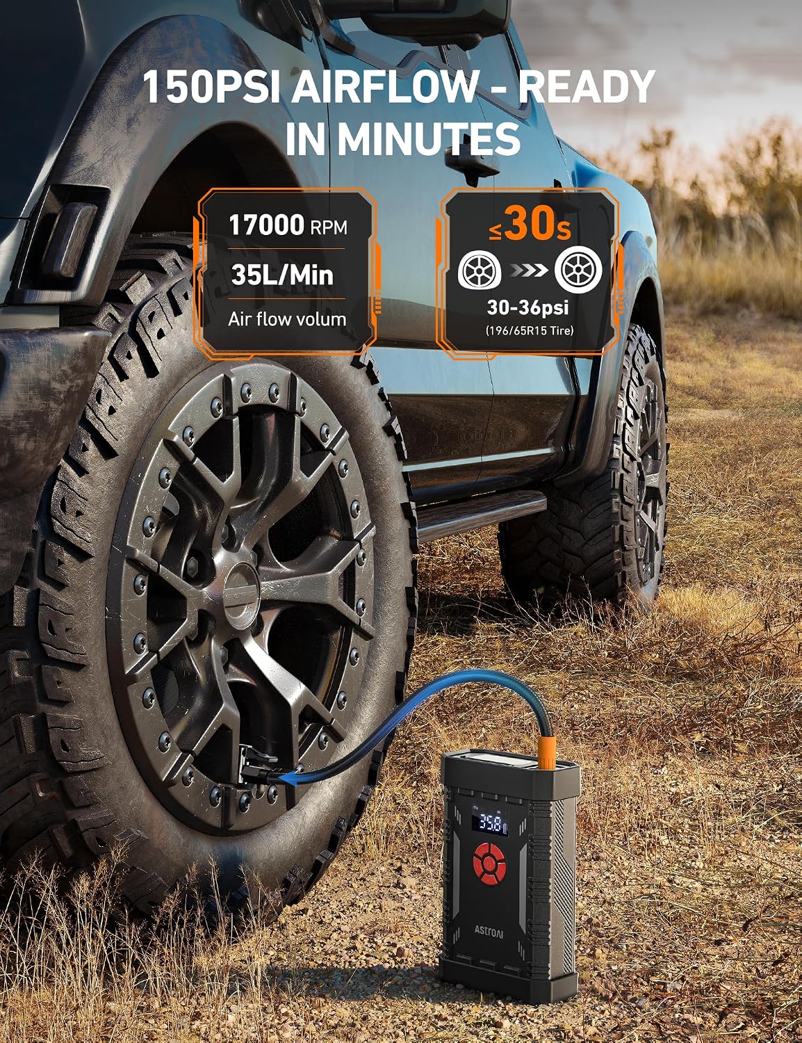 AstroAI S8 Air Jump Starter with Air Compressor, 3000A Peak Car Battery Jump Starter Portable (9.0 Gas/6.5L Diesel) with 150PSI Cordless Auto-Shutoff Tire Inflator, 12V Battery Charger Booster(Orange)
