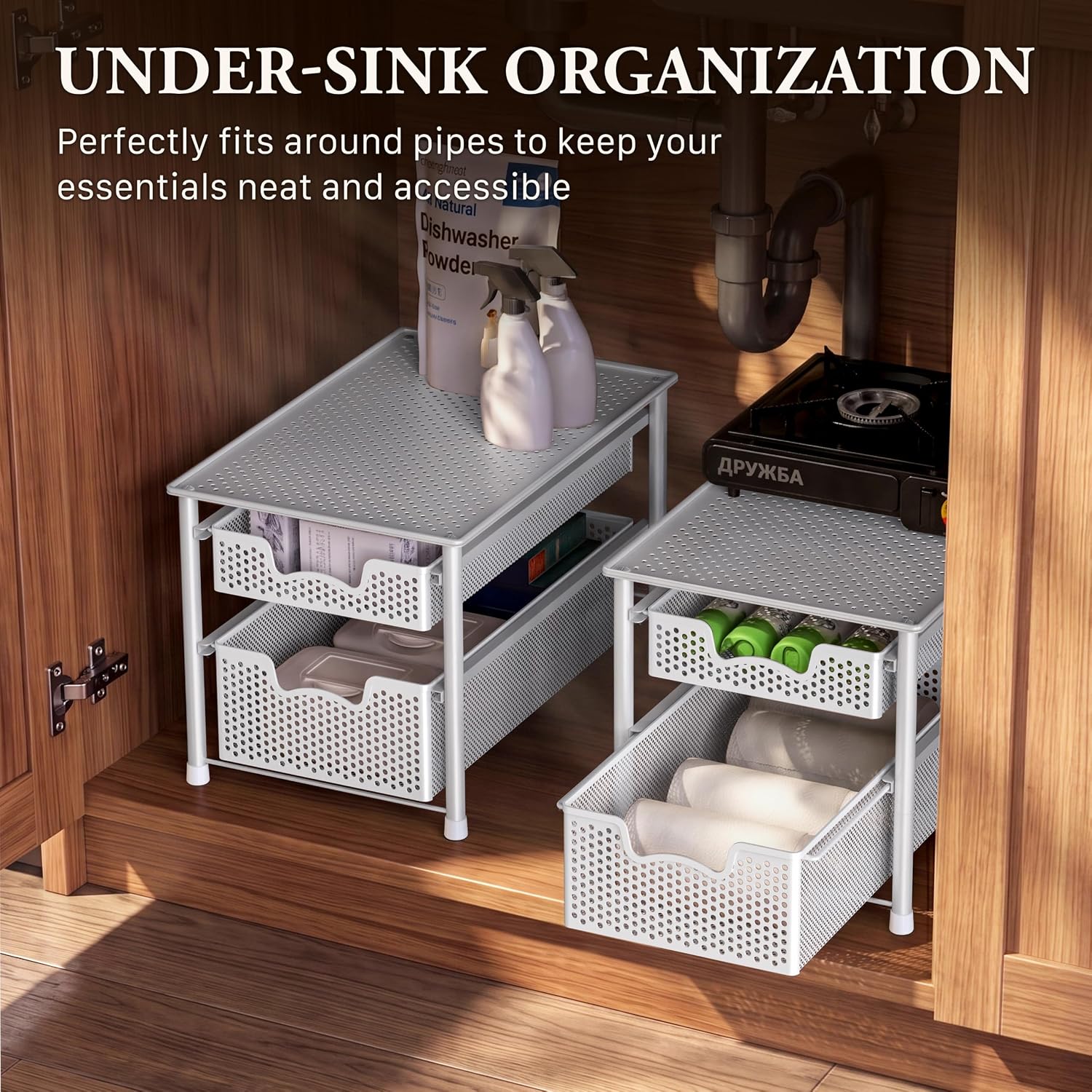 Simple Houseware Stackable 3 Tier Sliding Basket Organizer Drawer, Silver
