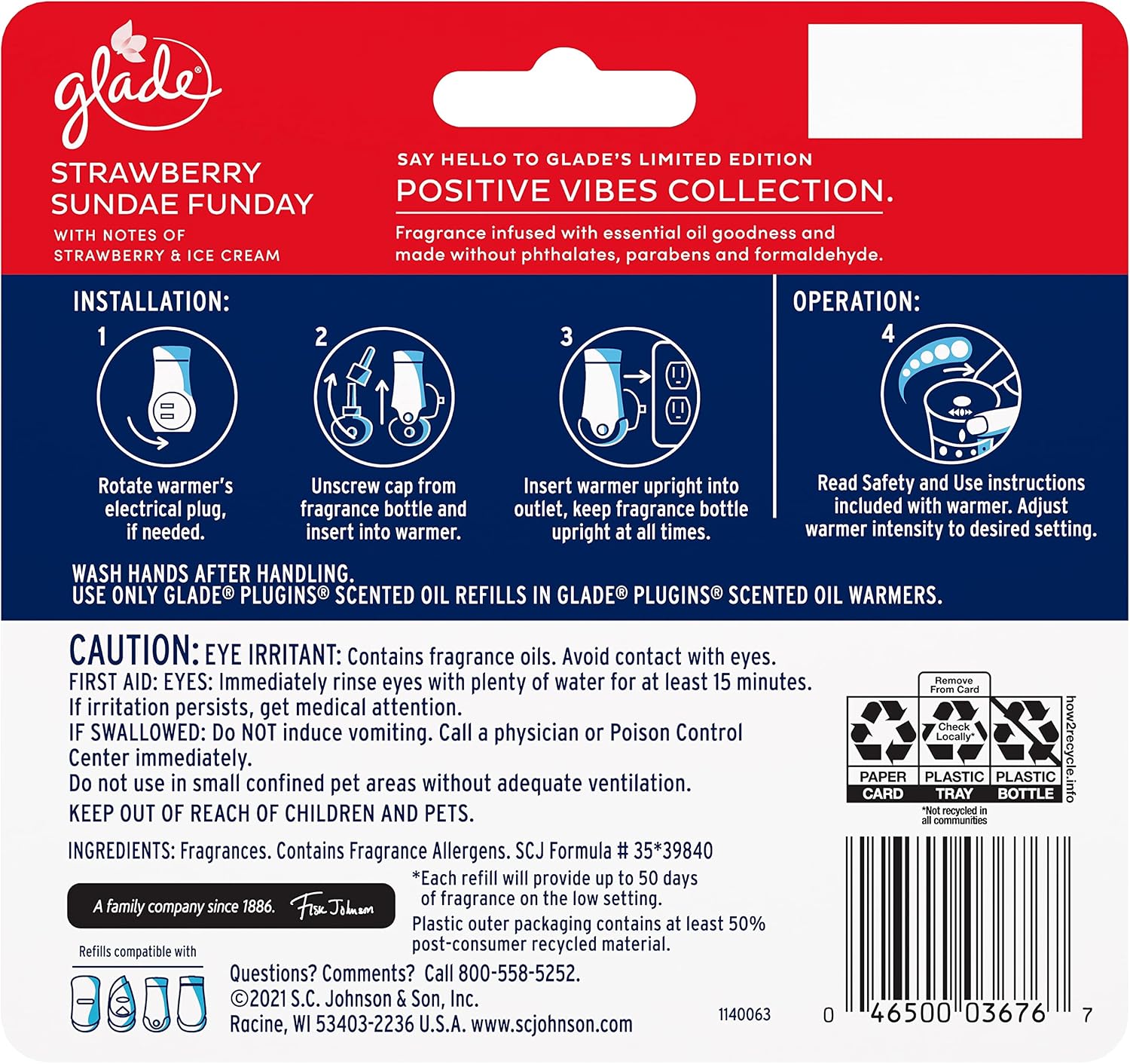 Glade PlugIns Refills Air Freshener, Scented and Essential Oils for Home and Bathroom, Stay Cool Watermelon, 3.35 Fl Oz, 5 Count
