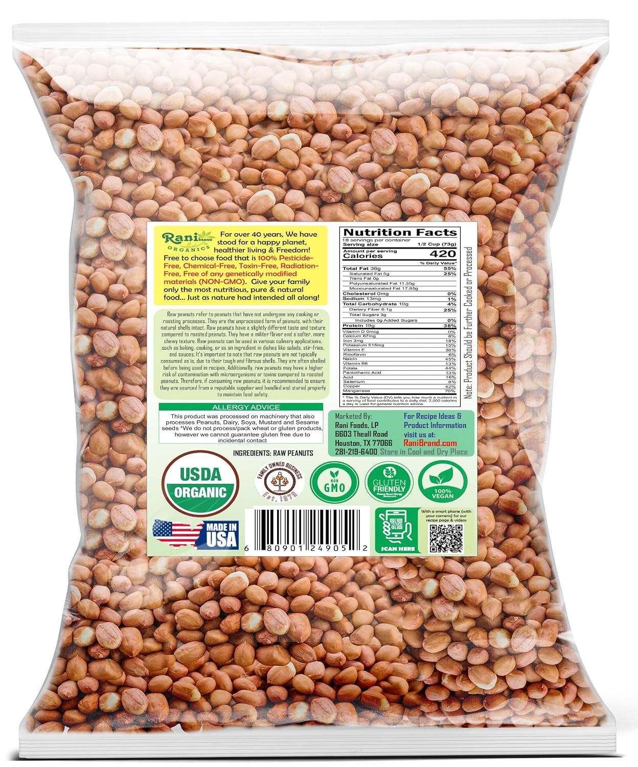 Rani Peanuts, Raw Whole With Skin (uncooked, unsalted) 14oz (400g) ~ All Natural | Vegan | Kosher | Gluten Friendly | Fresh Product of USA ~ Spanish Grade Groundnut/Red-skin