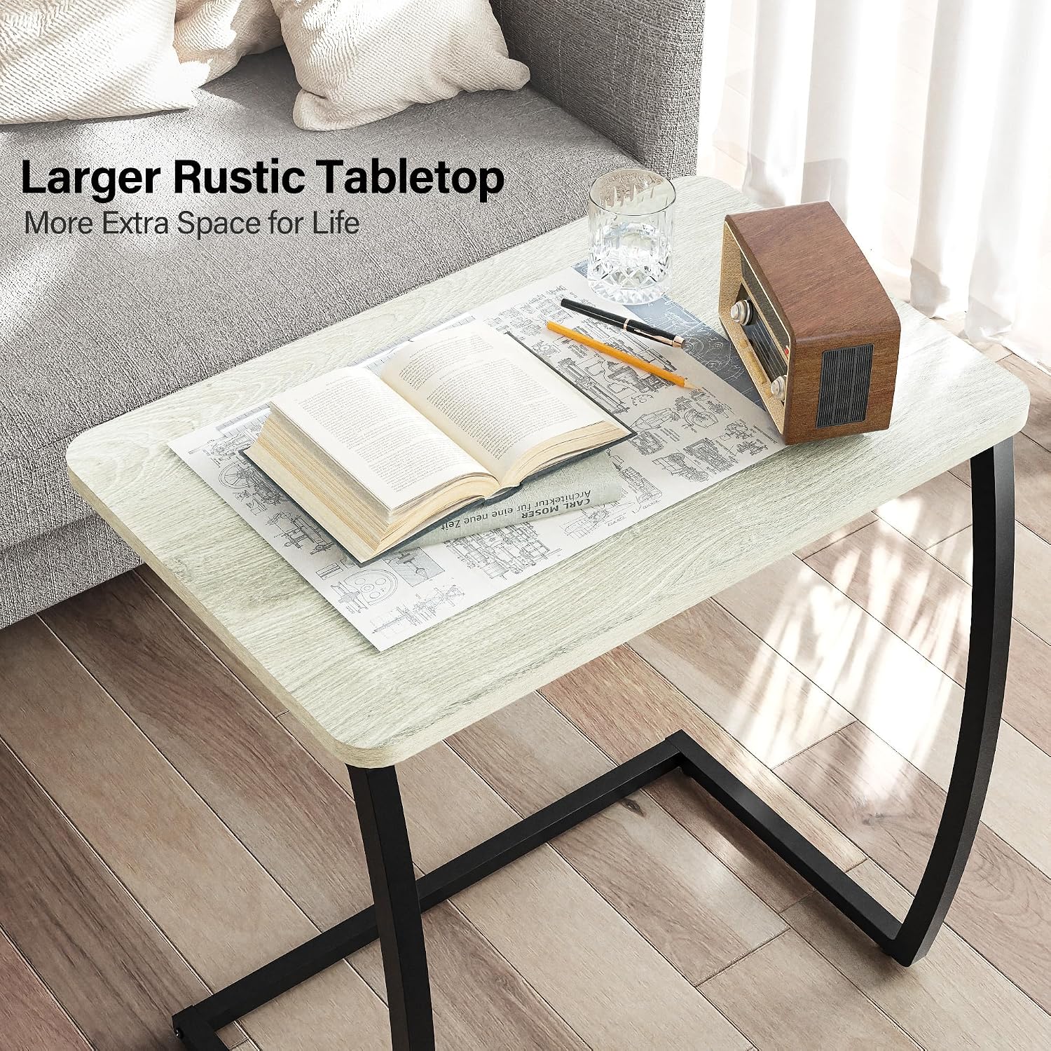 SRIWATANA Walnut C Shaped Side Table, Vintage End Table for Sofa Couch Bed