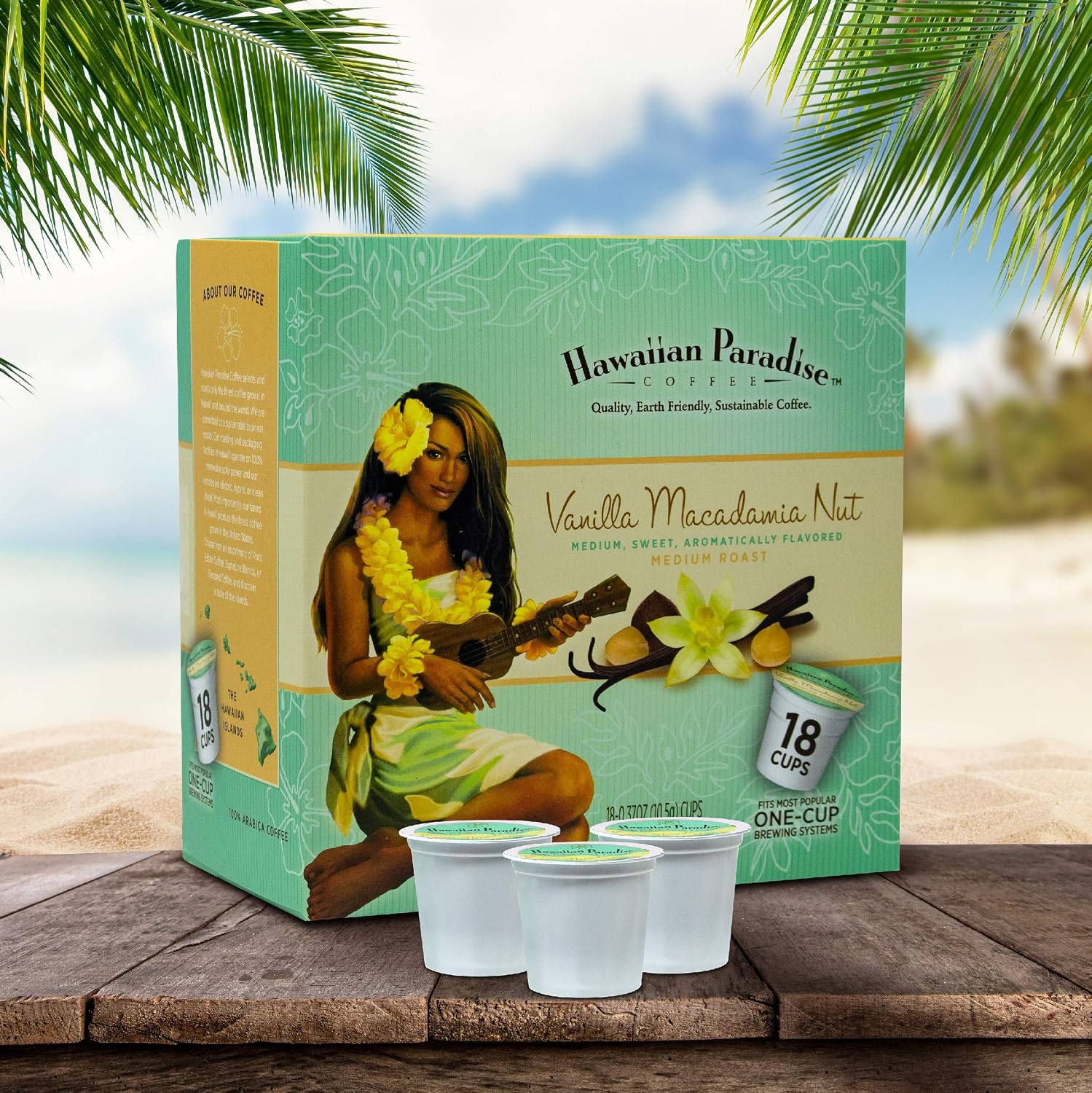 Hawaiian Paradise Coffee Vanilla Macadamia Nut Single Serve Cups 18 Count Medium Roast Sweet Aromatically Flavored - 100% Arabica Beans - Compatible with Keurig K-Cup Brewers