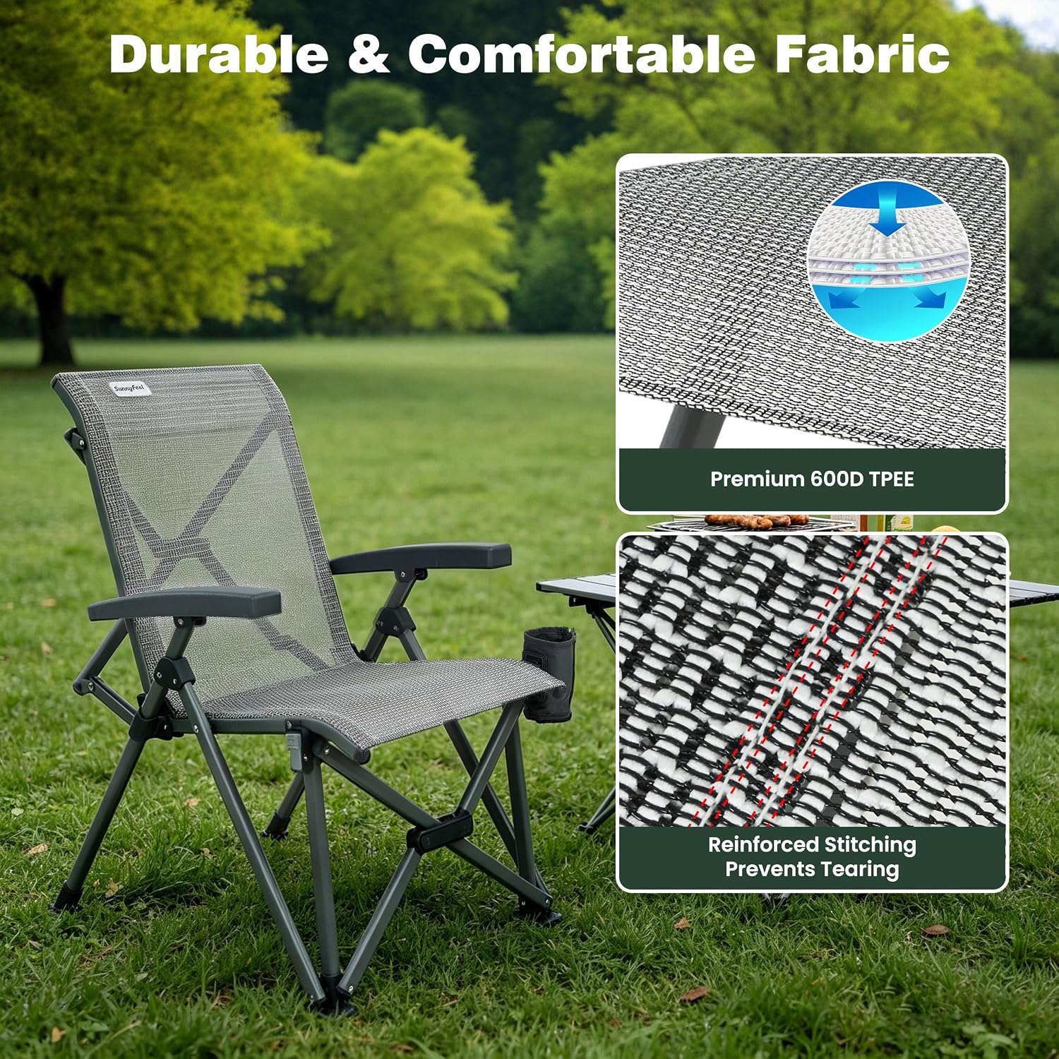 SUNNYFEEL High Back Folding Camping Chair 500 lbs with Aluminum Frame, Grey | Ergonomic Back Support, High-Resilience Fabric & Uv-Rated, Detachable Cup Holder and Carry Bag for Camping, Beach, RV, Patio