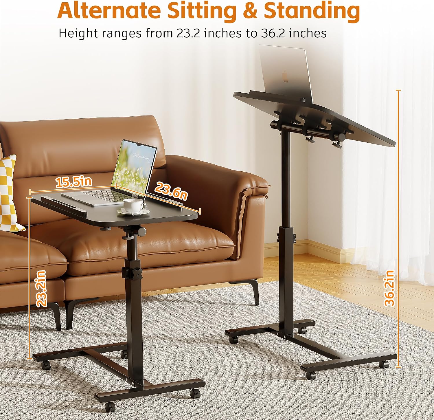 Furist Bed Desk Adjustable Overbed Bedside Table Rolling Laptop Tray Desk Cart Height Portable Mobile Sit Stand Table Tilting Hospital Bed with Wheels