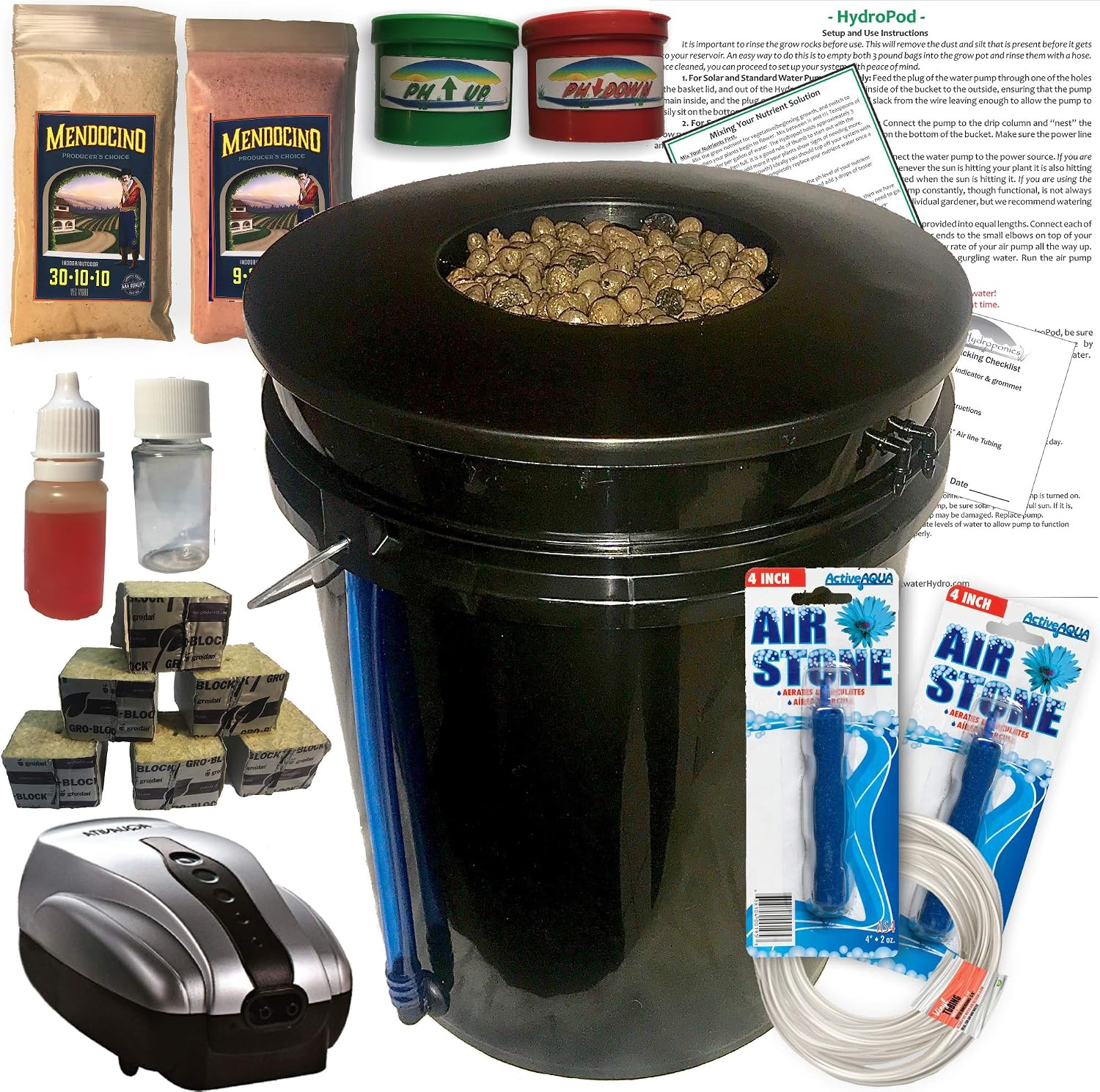 The Atwater HydroPod - DWC Deep Water Culture Garden System Kit - 5 Gallon Bubble Bucket - Bubbleponics - Nutrients & pH Testing/Adjusting Kits are
