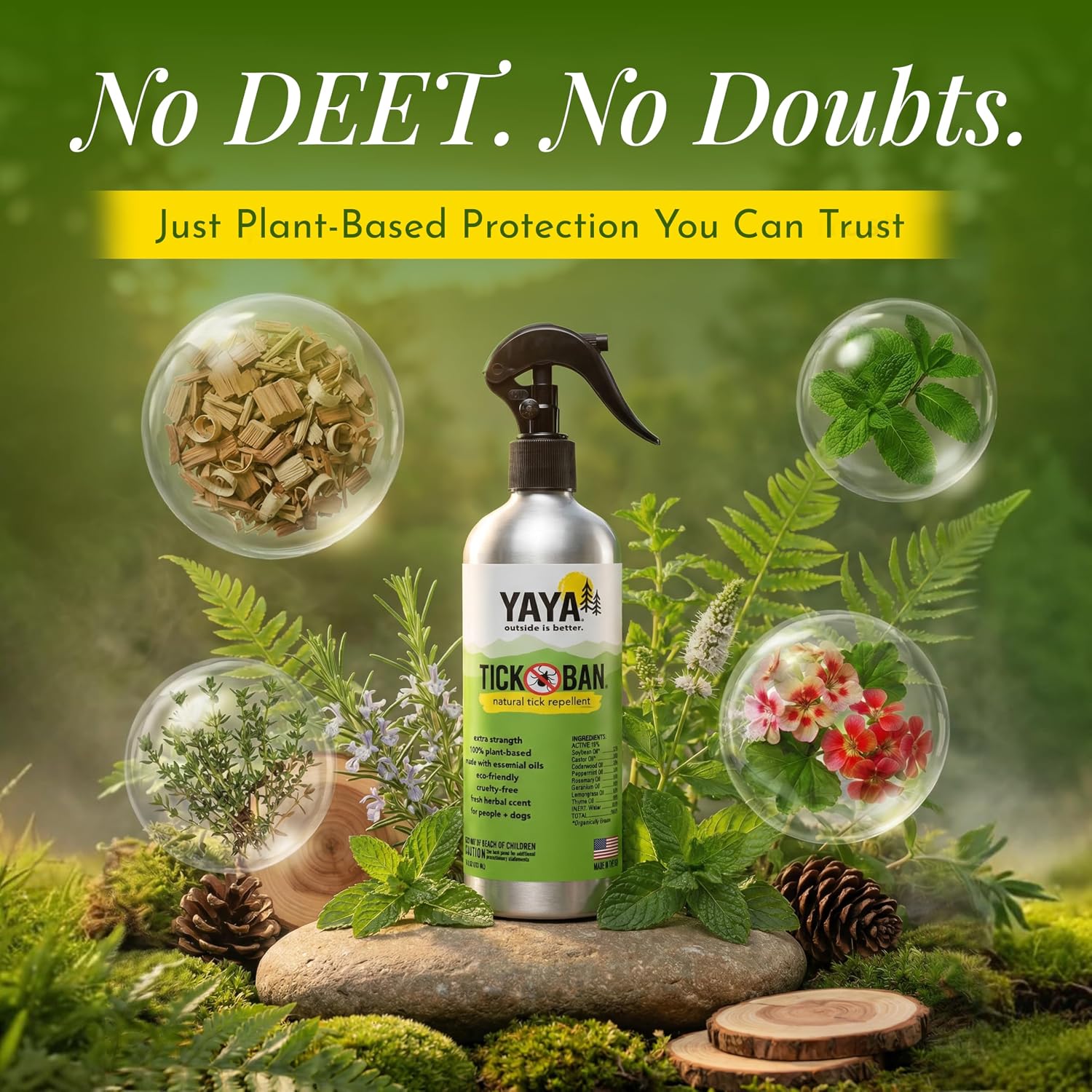 Yaya Organics All Natural Extra Strength Tick Repellent DEET Free - 4 Ounce Spray Bottle