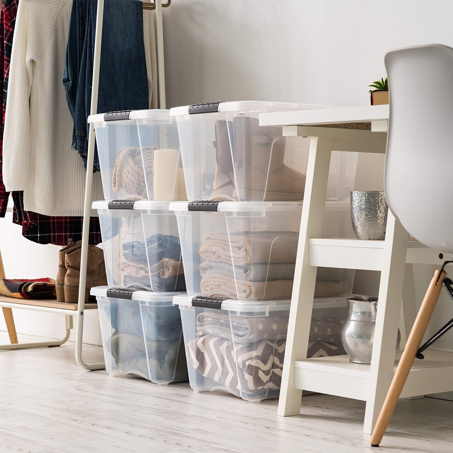 IRIS USA 6-Pack 54 Quart Storage Bins with Lids, Clear | Transparent design makes contents easy to find. Perfect for moving, blankets, clothing, and garage storage. Nestable design