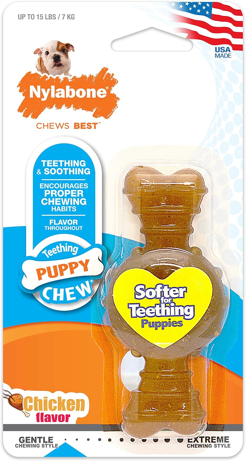 Nylabone Puppy Chew Teething Ring Bone Dog Toy, Chicken Flavor, X-Small | Soothing teething toys for puppies, puppy enrichment, & teething relief, freezable for added comfort, dogs up to 15 lbs
