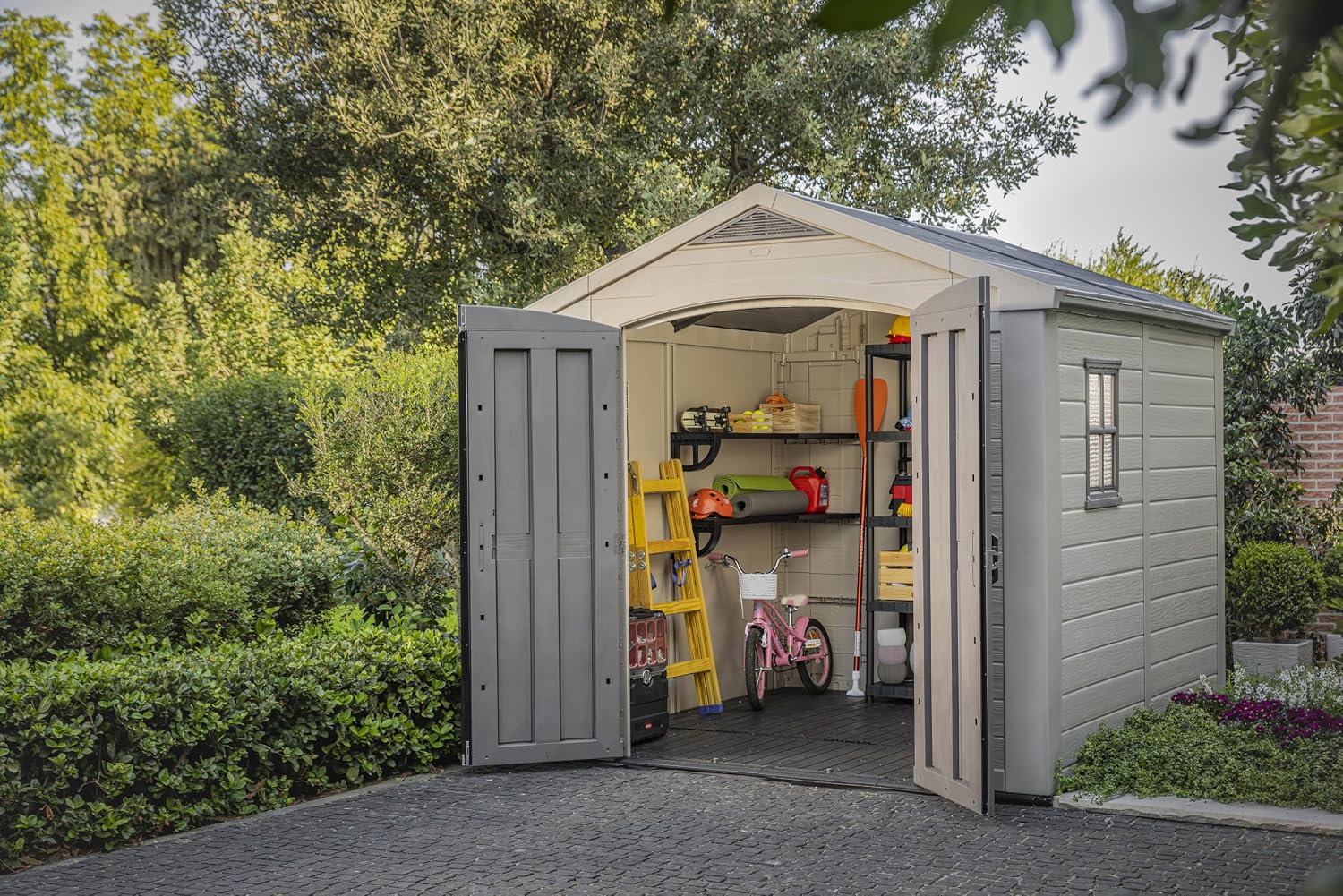 Keter Factor (8x6 ft) Large Resin Outdoor Storage Shed for Patio Furniture, Lawn Mower, Garden Accessories Yard Tools, and Pool Toys, Taupe