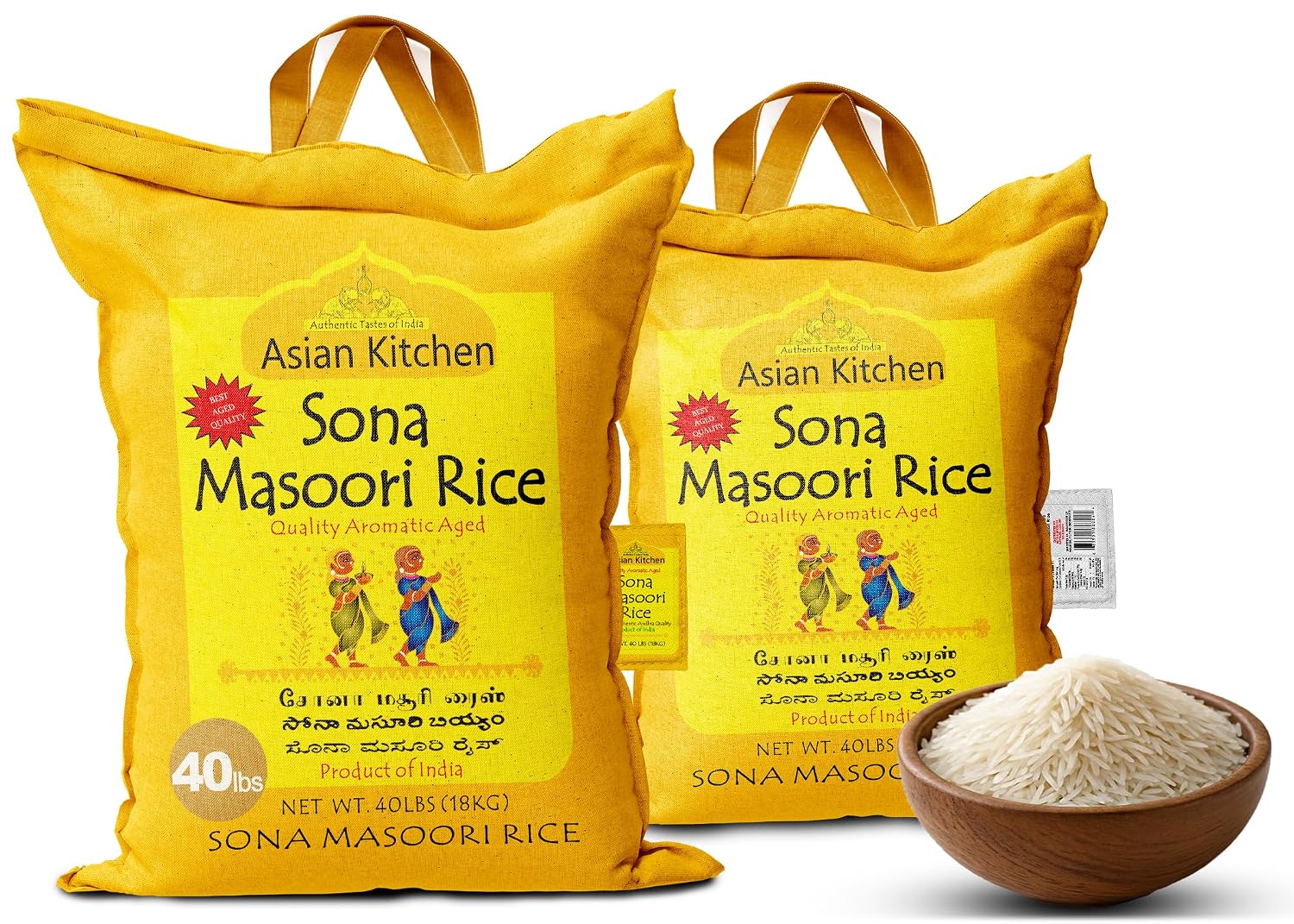 Asian Kitchen White Sona Masoori Aged Rice 20-Pound Bag, 20lbs (9.08kg) Short Grain Rice ~ All Natural | Gluten Friendly | Vegan | Kosher | Indian Origin | Export Quality