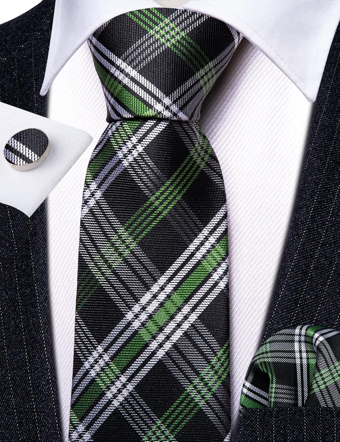 Barry.Wang Plaid Ties for Men Silk Necktie Handkerchief Cuff Links Set