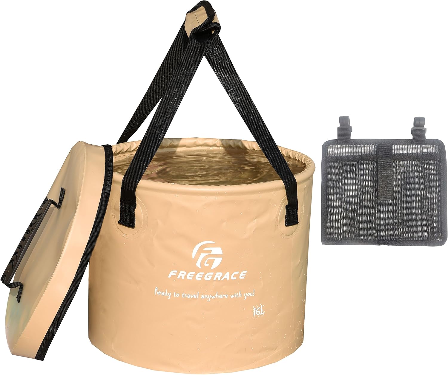 Freegrace Collapsible Bucket with Mesh Tool Pocket - 10L, 16L & 23L Portable Folding Water Container - Heavy Duty 500D Tarpaulin, BPA-Free Wash Basin for Camping, Fishing, RV, and Car Washing