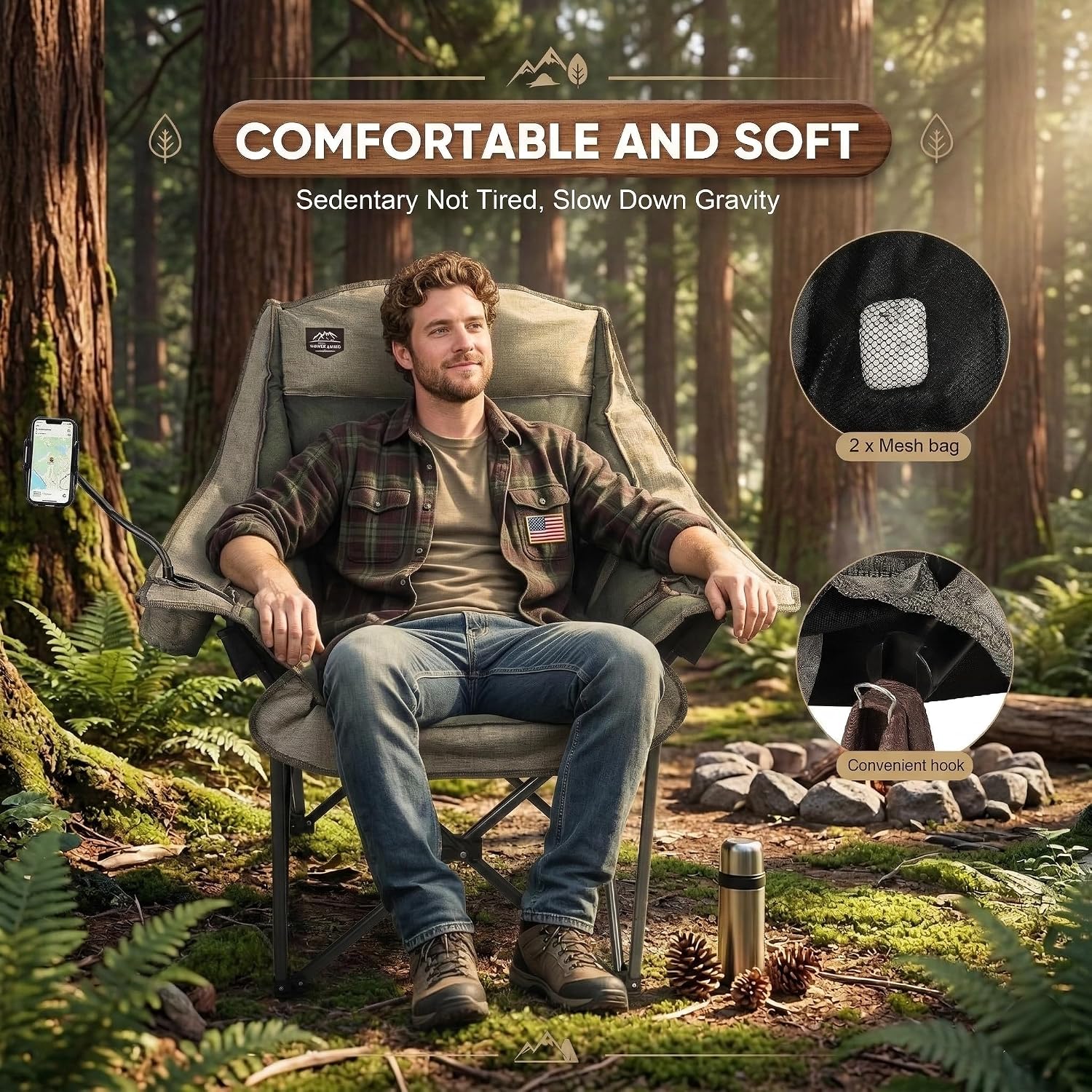 Oversized XL Folding Camping Chair,Heavy Duty Support 400Lbs,Large Comfy Padded Camp Chair for Adults,Lawn Arm Chair w/Cup Holder,Phone Holder,Carry Bag Perfect for Outdoor (Brown