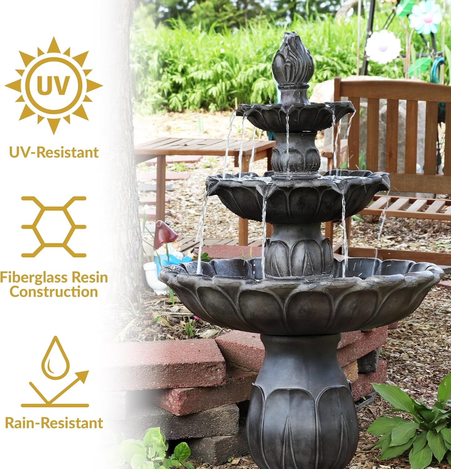 Sunnydaze Classic Tulip 46 in. 3-Tiered Outdoor Water Fountain - Dark Brown | Polystone Construction - 4-Gallon Water Capacity - Includes Electric