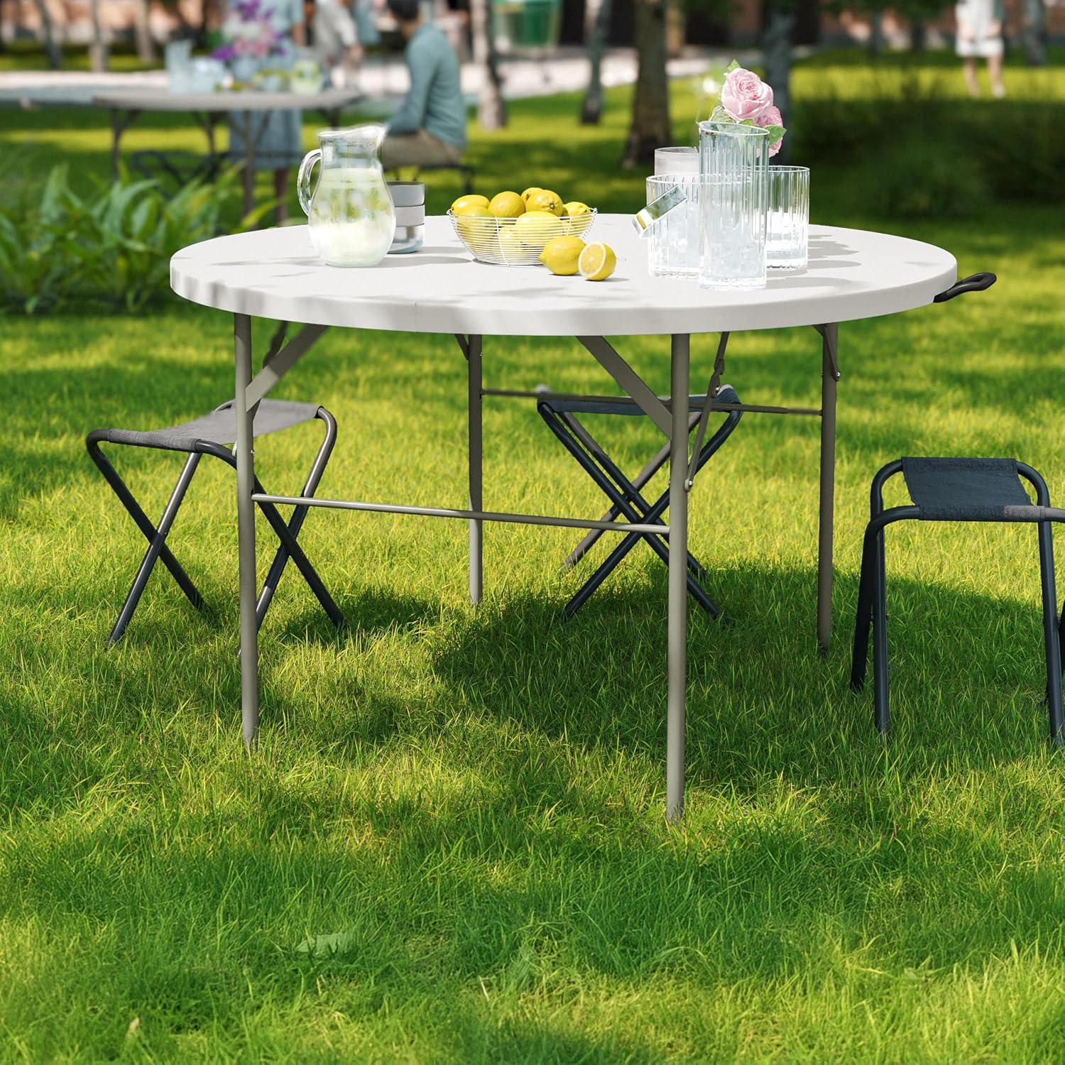 Flash Furniture 5-Foot Round Bi-Fold White Plastic Folding Table | Lightweight, Easy Storage, Commercial Grade, Carrying Handle