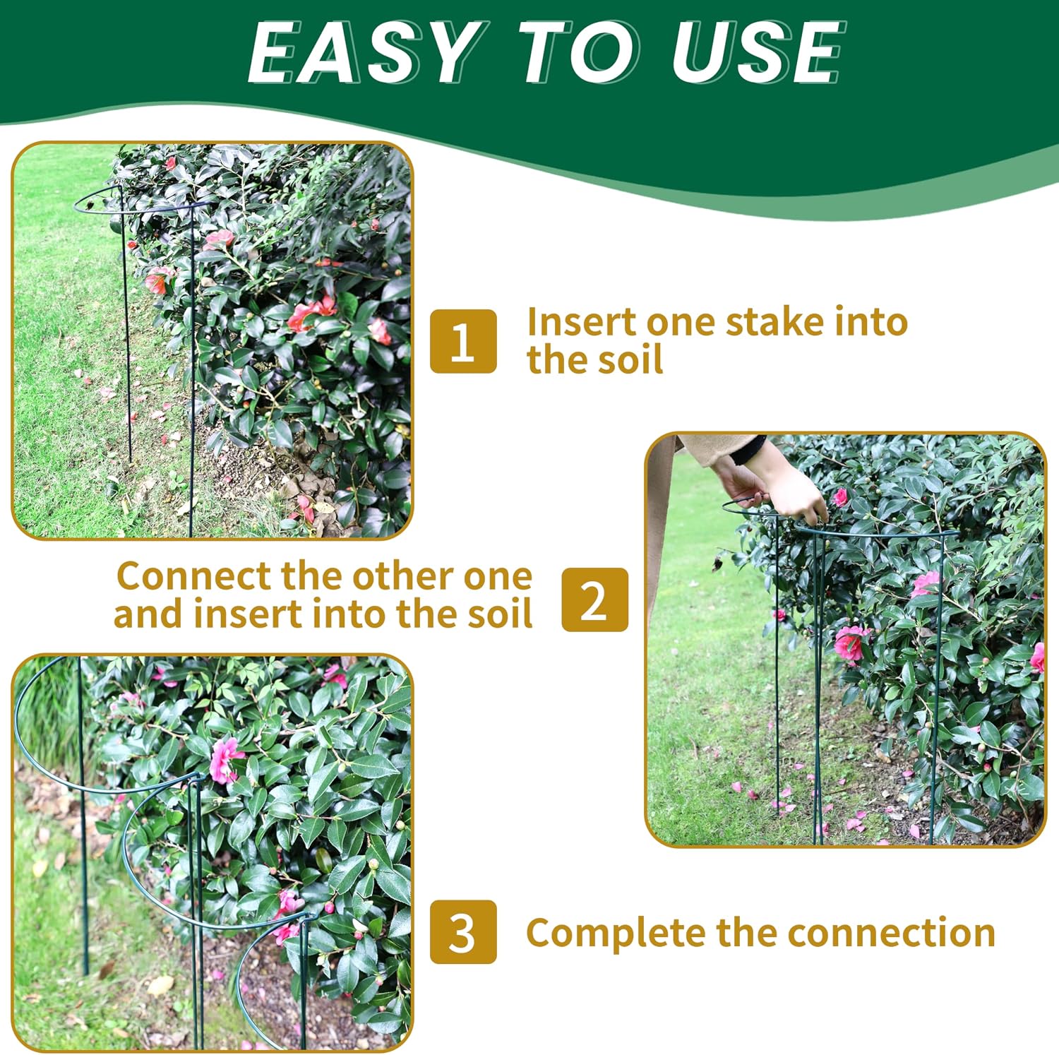 TCBWFY 10 Pack Garden Plant Support Stakes, 10" Widex16 High Heavy Duty Interlinked Half Round Peony Support Ring Cage for Indoor Outdoor Plants