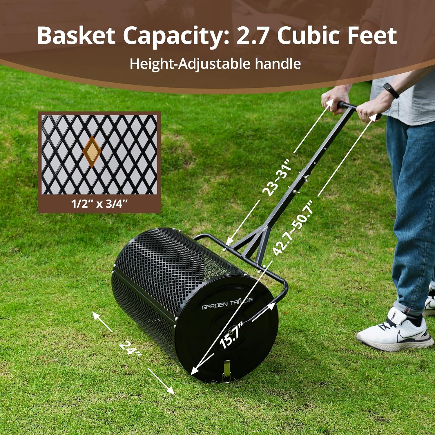 Compost Spreader 24 Inch Peat Moss Spreader with Installation Support Accessories, Metal Mesh Roller Lawn Spreader for Top Soil, Manure, Mulch, Top Dressing - Garden spreaders for lawns