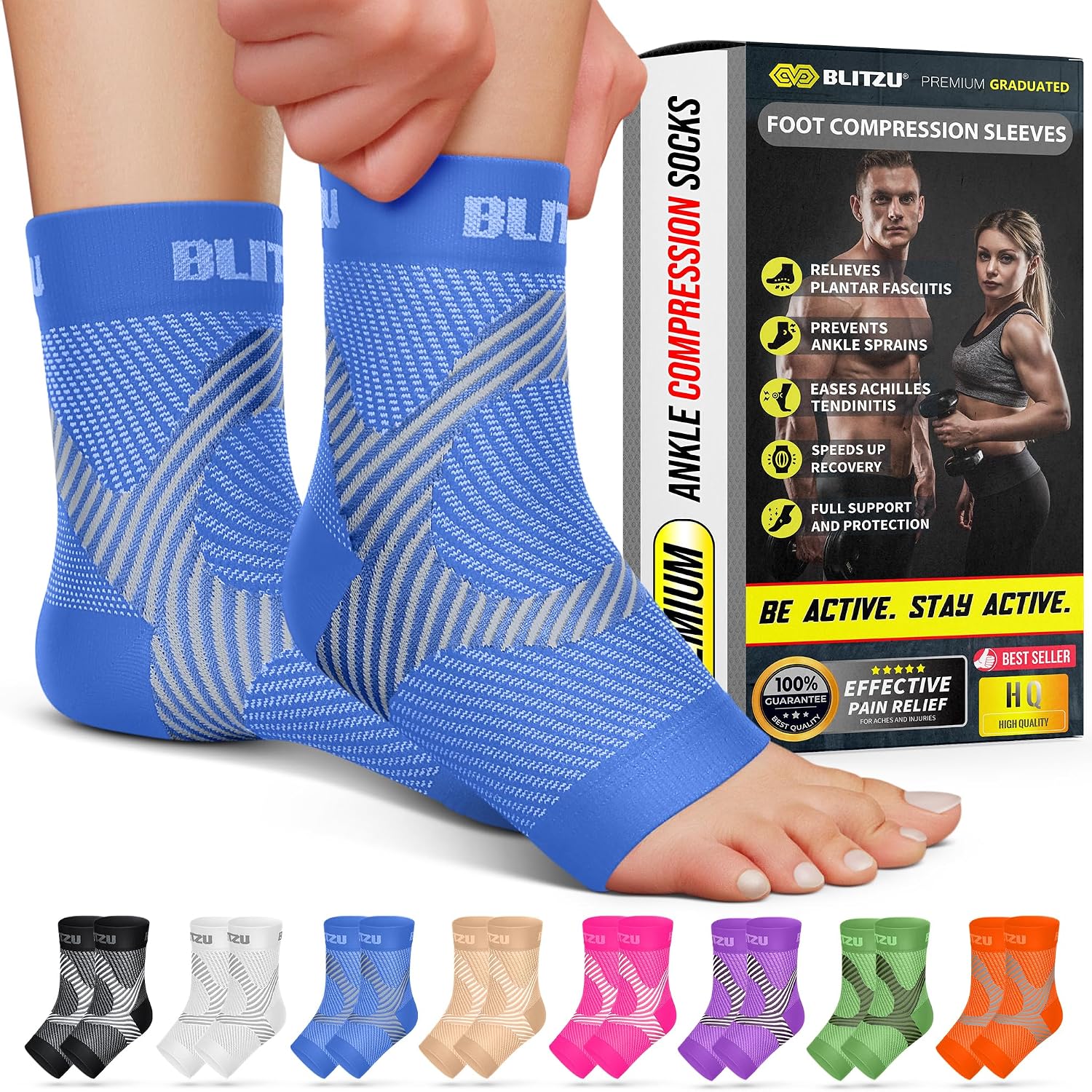 BLITZU Compression Socks for Plantar Fasciitis, Foot, Arch & Ankle Support | Open Toe Ankle Brace, Women & Men, Stabilizing Sleeve Wrap, Achilles Tendonitis, Neuropathy, Arthritis, Swelling & Heel Pain