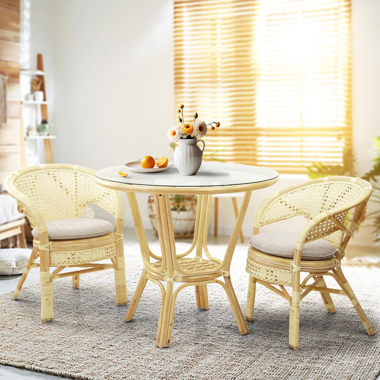 Pelangi Handmade Rattan Dining Wicker Chair Colonial Color w/Cream Cushion