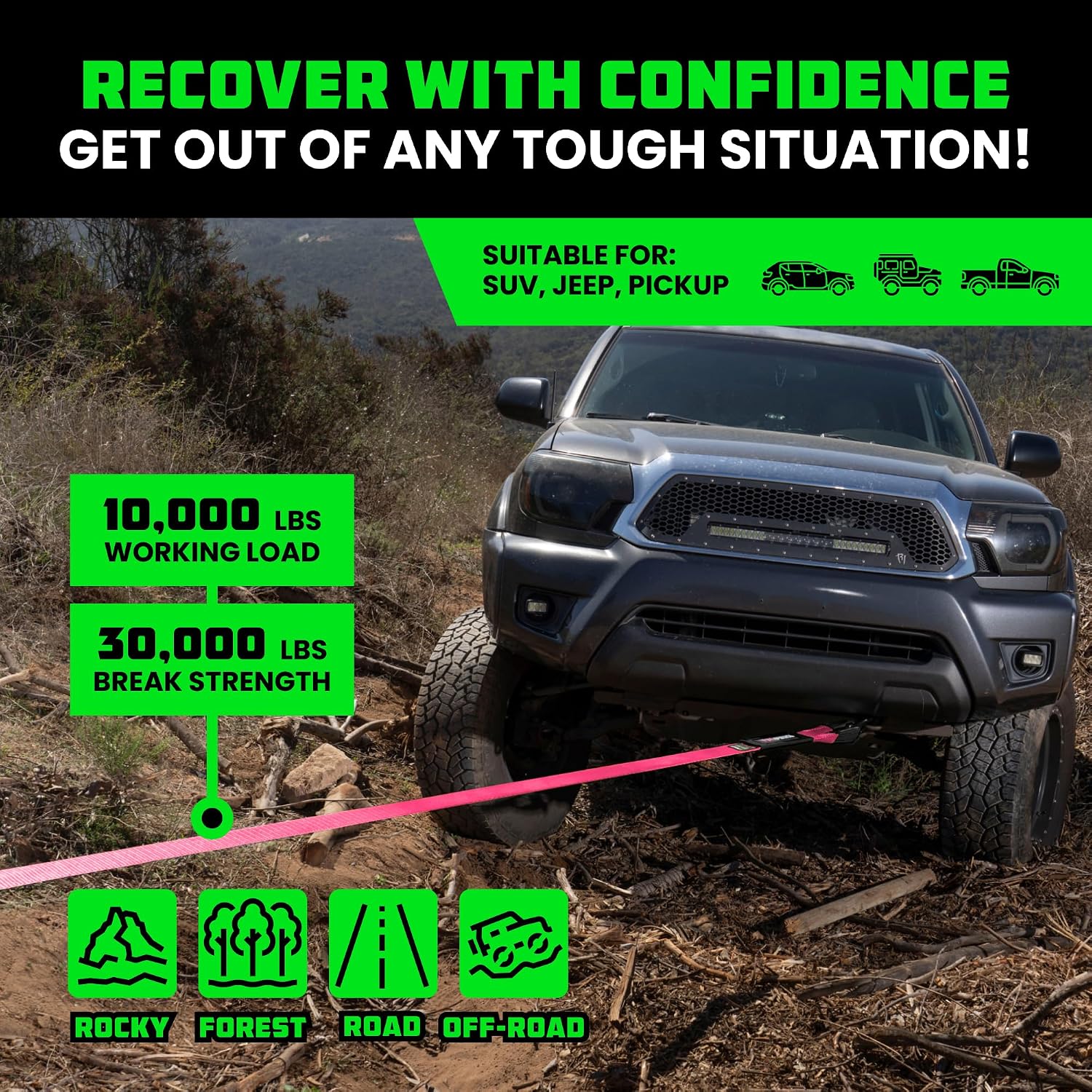 Rhino USA Recovery Tow Strap (3in x 30ft) - 31,518lb Heavy Duty Towing | 31,518lb Break Strength Emergency Tow Strap, Extended 30ft Length. For Truck, UTV, ATV & Jeep Offroad Recovery. Black