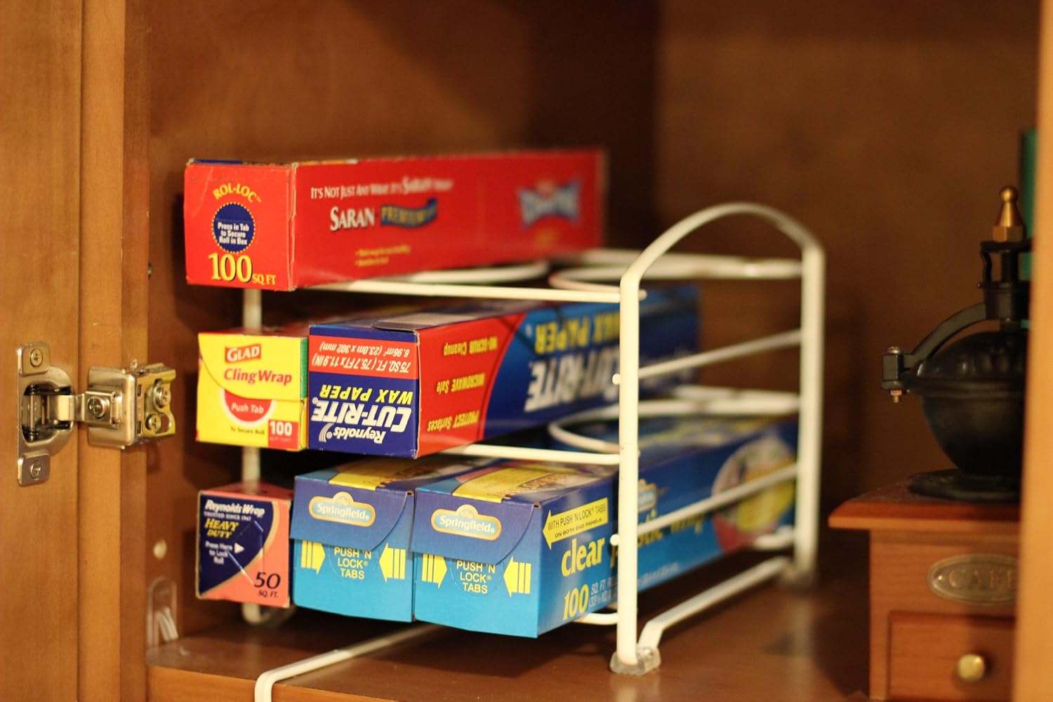 Deco Brothers Wrap Organizer Rack for Kitchen Cabinet, 3 Tier, Bronze | for Small / Standard Box, Height Clearance 2-1/2"