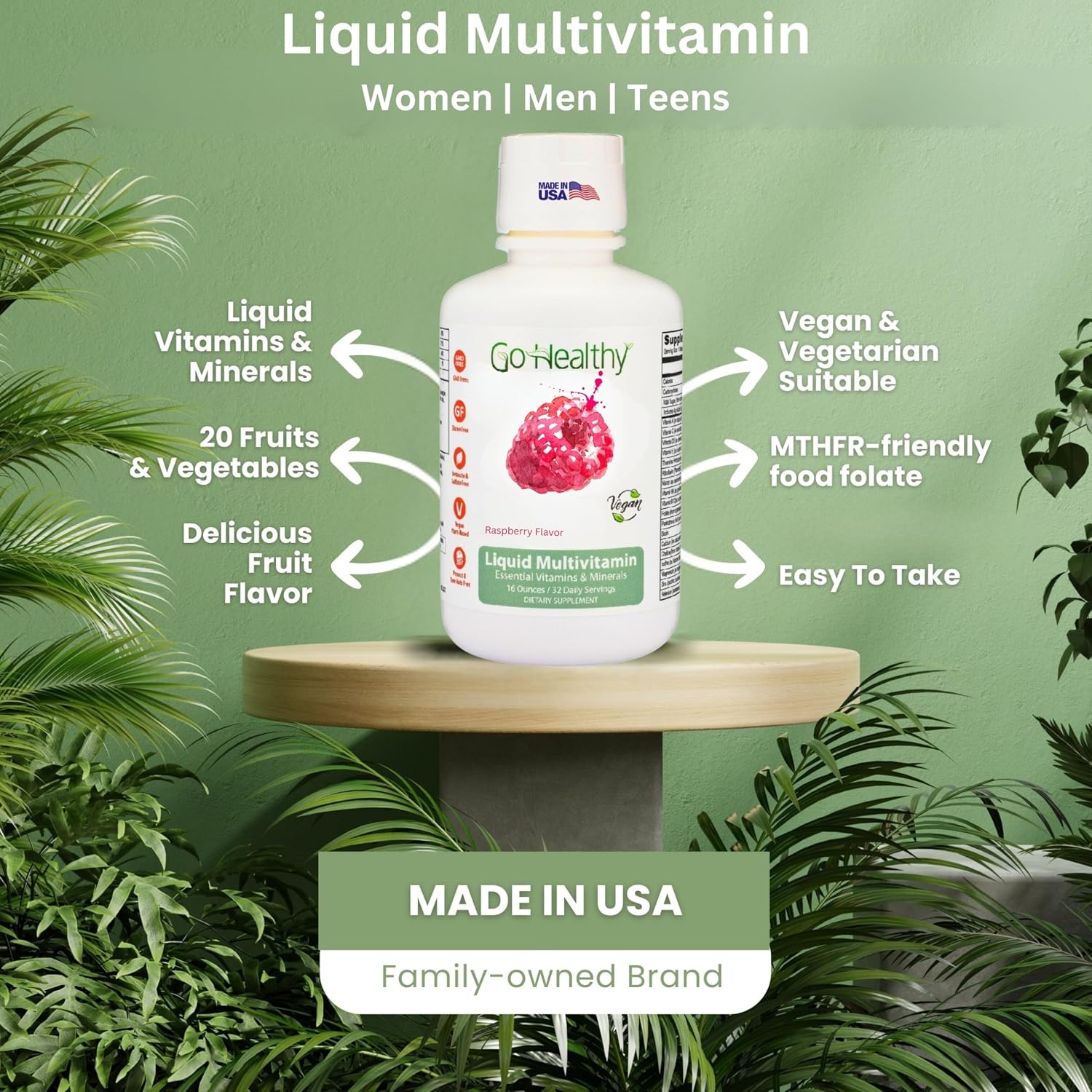 Go Healthy Liquid Multivitamin for Women, Men, Teens | Vegan Vitamin & Mineral Supplement | High Absorption | Premium Liquid Formula | Immune Support | Peach Mango Flavor | 32 Servings