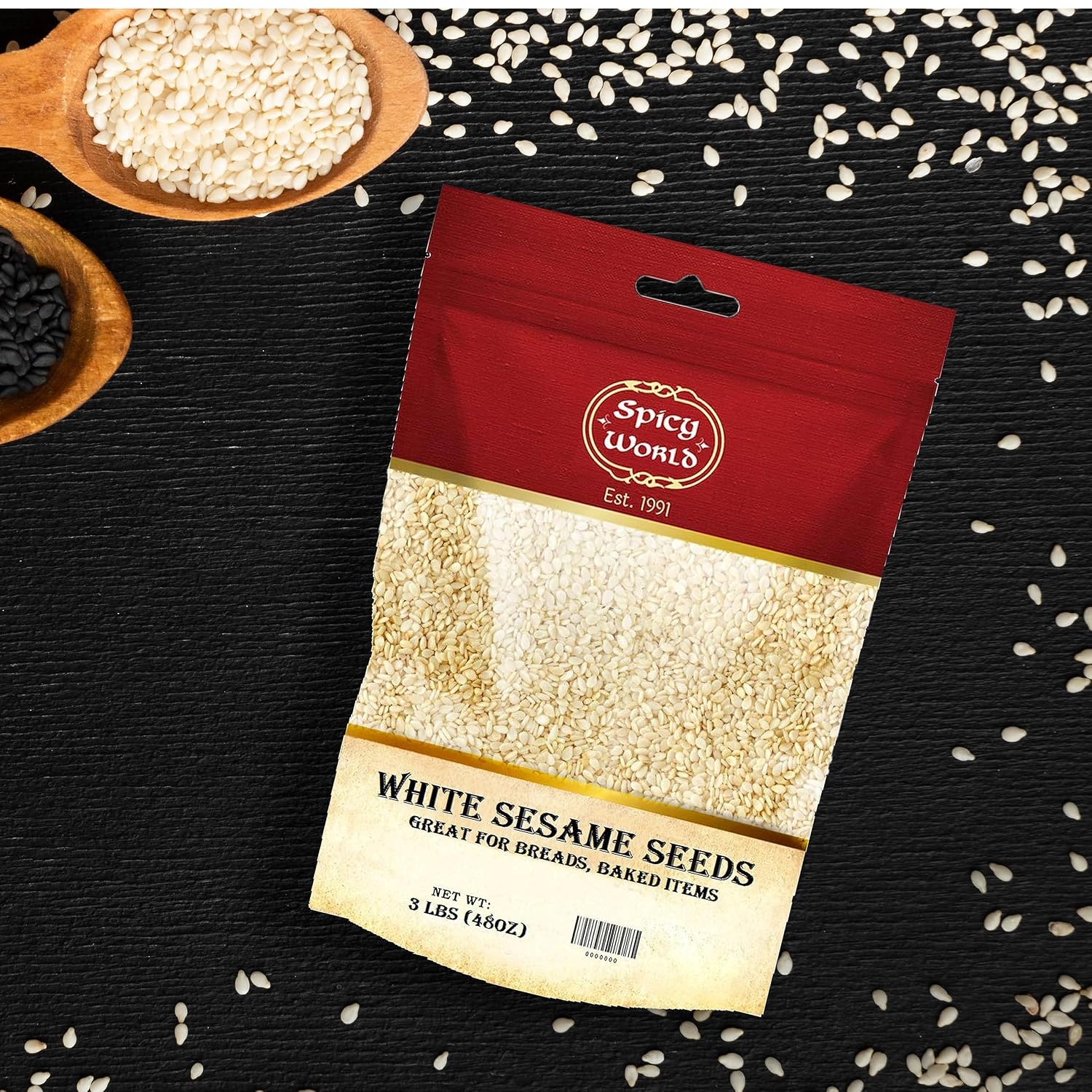 Spicy World White Sesame Seeds 3 LB Bag - Natural, Raw, Hulled, Non-GMO, Bulk Resealable Bag