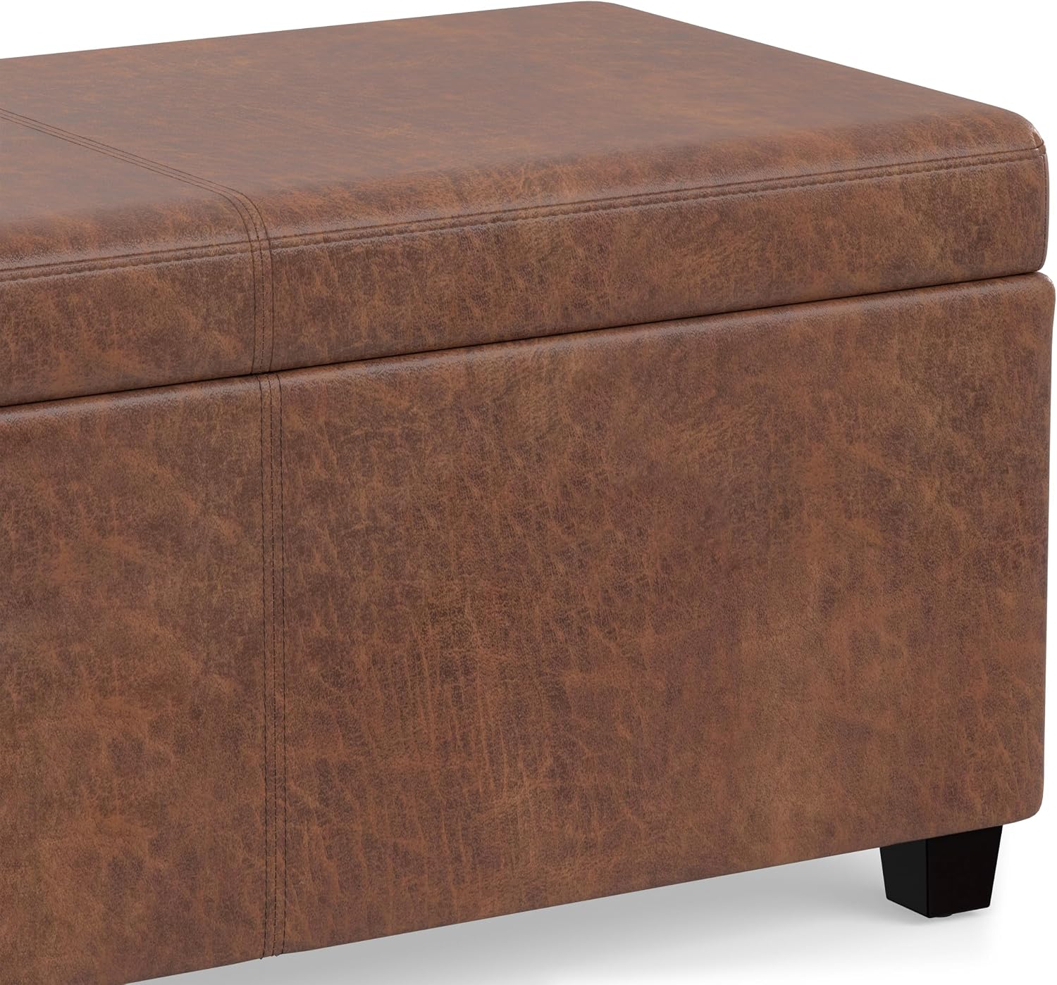 SIMPLIHOME Avalon 54" Wide Vegan Leather Storage Ottoman in Tanners Brown