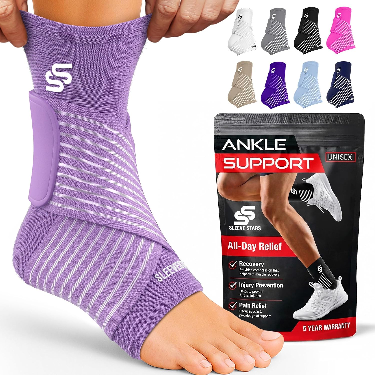 Sleeve Stars Ankle Brace for Women & Men, Ankle Wrap for Sprain, Compression Sleeve for Plantar Fasciitis Relief, Easy Customizable Support: w/ Removable Strap (Single/M:10"-12"/Black)