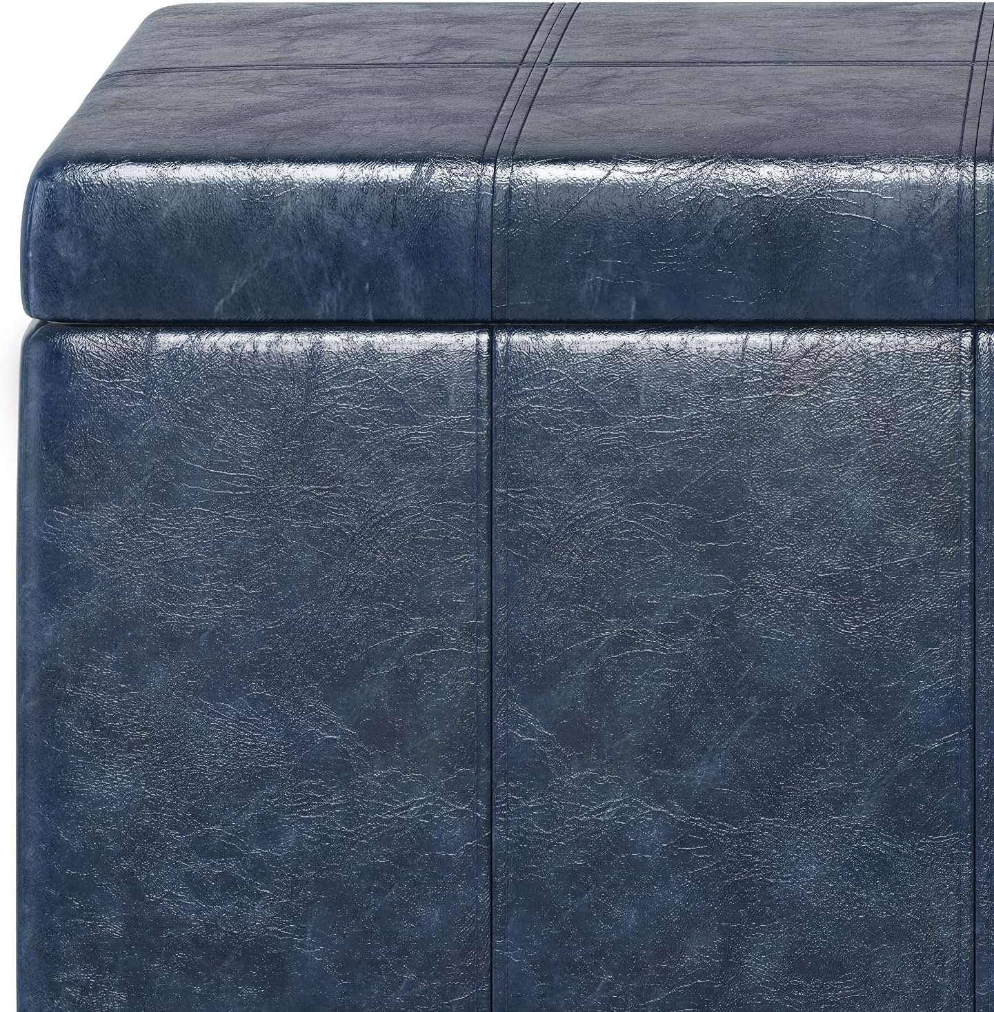 SIMPLIHOME Dover 36" Wide Vegan Leather Storage Ottoman in Midnight Black | Distressed umber brown, contemporary ottoman with lift-top and safety hinges; rectangle storage bench for living room.