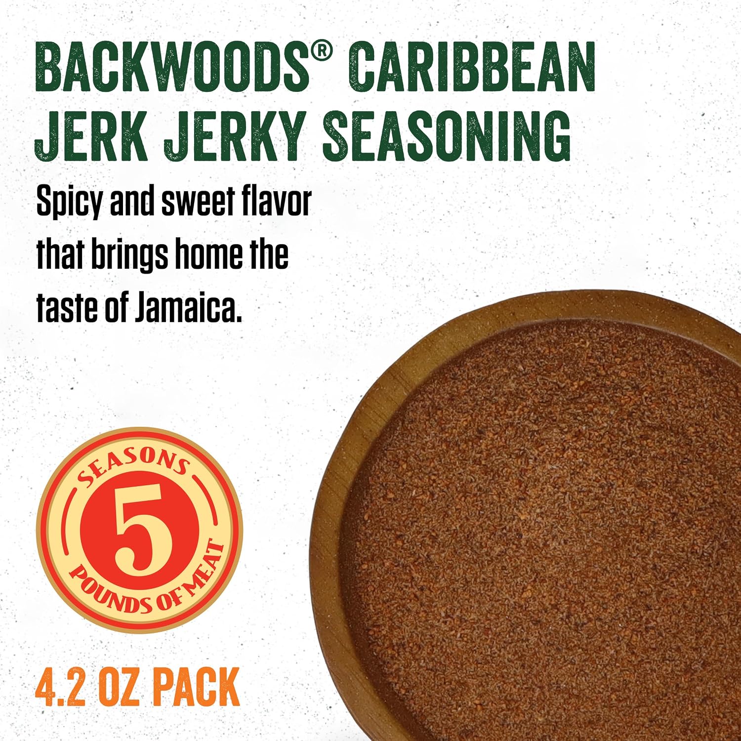 LEM Products Backwoods Caribbean Jerk Jerky Seasoning, 4.2 oz Packet | Pre-Measured Seasoning and Cure for Wild Game and Domestic Meat, Seasons Up to 5 Pounds of Meat for Homemade Jerky