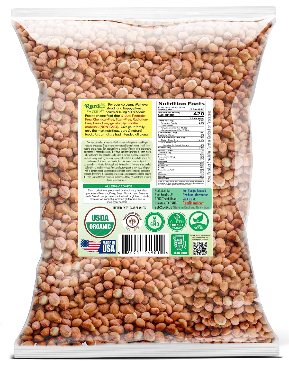 Rani Peanuts, Raw Whole With Skin (uncooked, unsalted) 14oz (400g) ~ All Natural | Vegan | Kosher | Gluten Friendly | Fresh Product of USA ~ Spanish Grade Groundnut/Red-skin