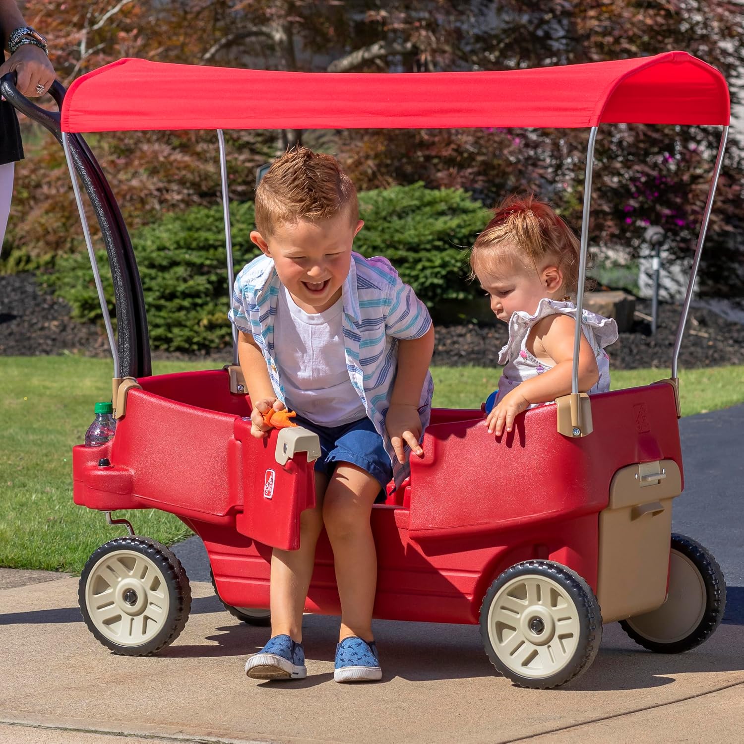 Step2 All Around Canopy Wagon, Kids Ride On Toy, Stroller Substitute, Includes Seat Belts, Made of Durable Plastic, Max Weight 75 lbs.