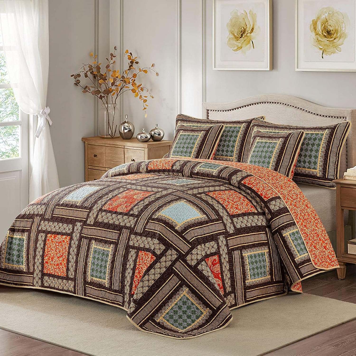 Striped Classical Cotton 3-Piece Patchwork Bedspread Quilt Sets, King Size