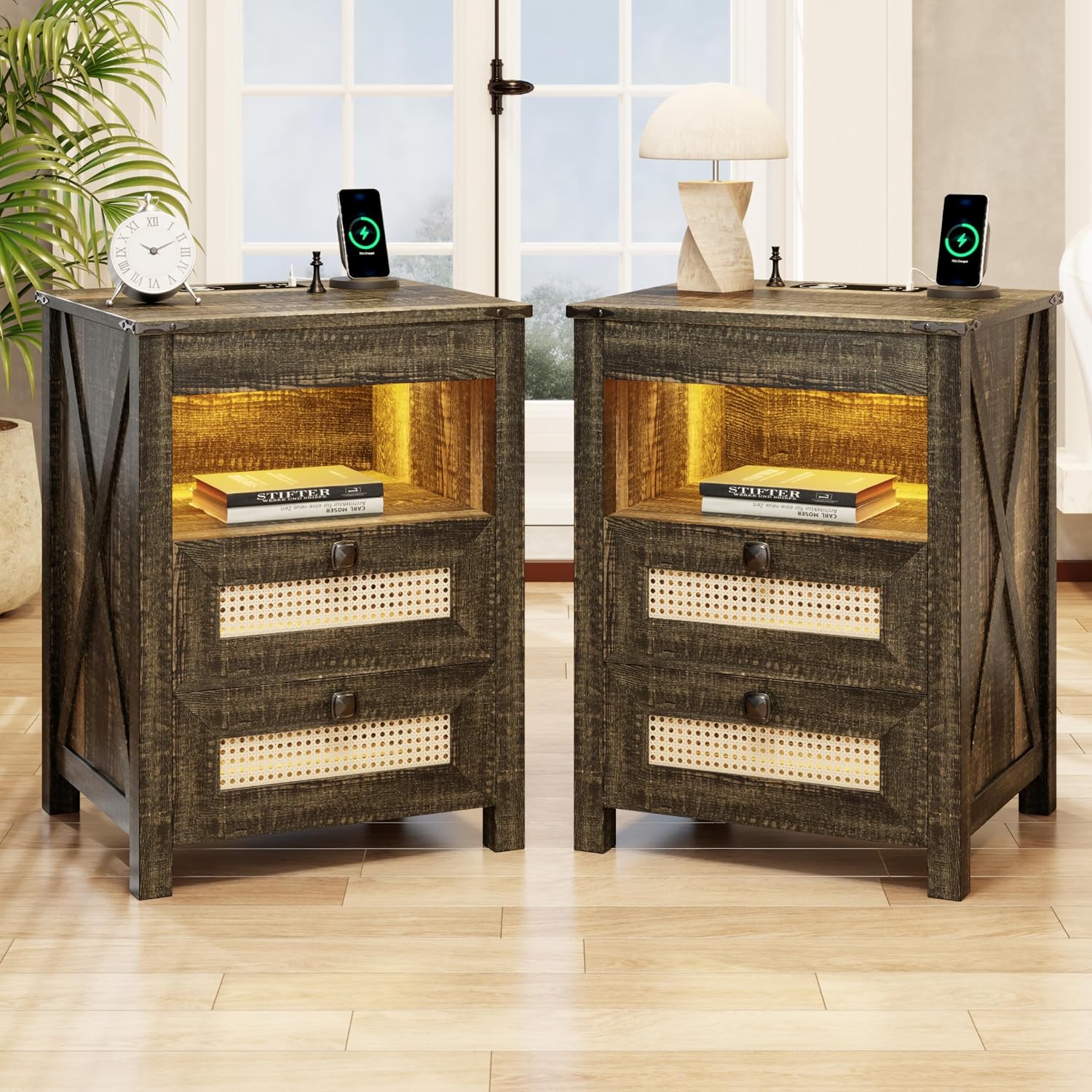 LED Night Stand with Gun Drawer & Charging Station | Human Sensor Lights, Hidden Storage, Farmhouse Rattan Style, 3 Drawers, Bedside Table for Bedroom, End Tables Livingroom