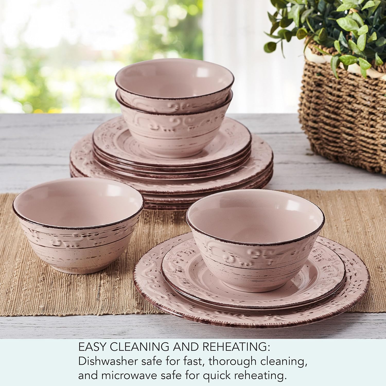 Pfaltzgraff Trellis White 16-Piece Stoneware Dinnerware Set, Service for 4, Distressed White Finish, Microwave & Dishwasher Safe Plates and Bowls