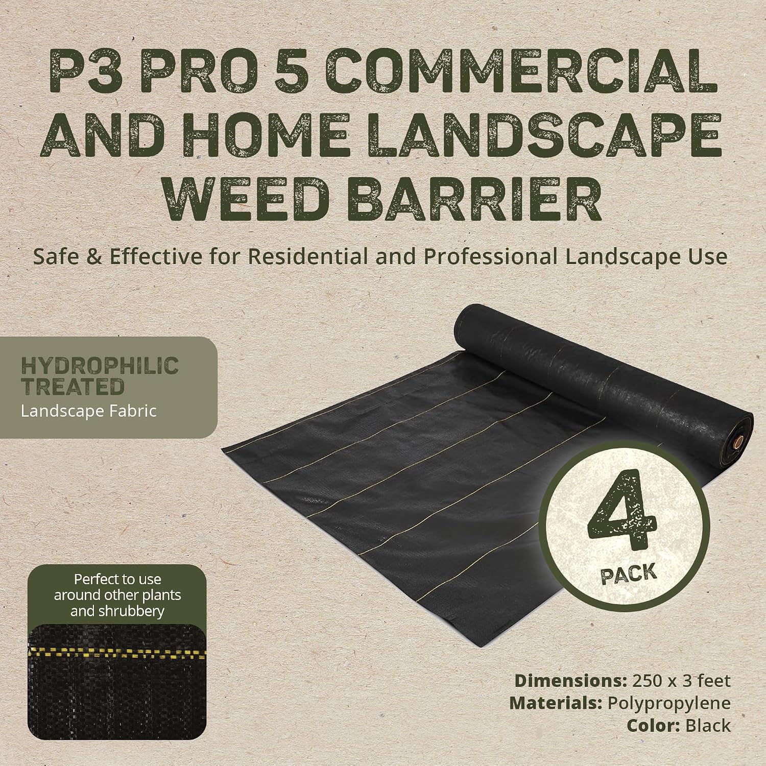 Dewitt Pro-5 Weed Barrier Fabric 5 oz, 6 x 250 Feet – Heavy-Duty | Woven Landscape Ground Cover Mat for Raised Garden Bed, Greenhouse Gardening, Outdoor Landscaping, and Commercial Planting