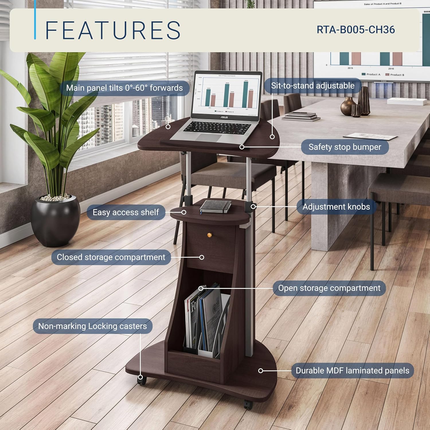 Techni Mobili Adjustable Height Rolling Laptop Cart with Storage, Graphite | Adjustable height rolling laptop cart with storage drawer, open shelf, wheels, sit‑stand design for office or medical use