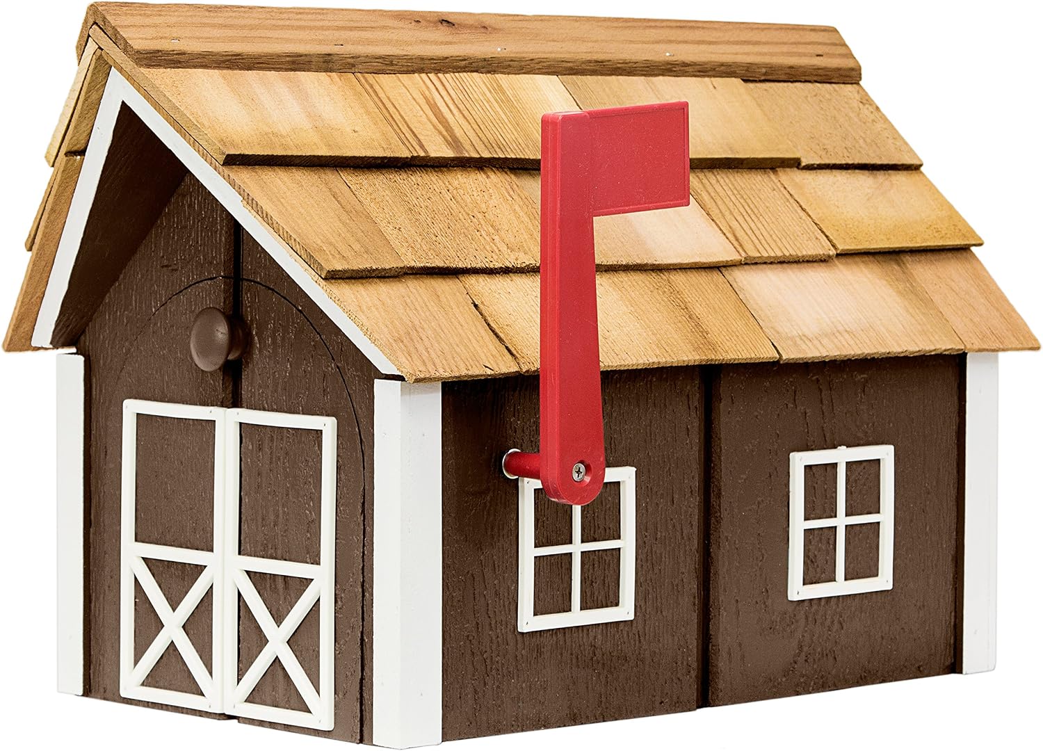 Amish-Made Deluxe Post Mount Wooden Mailbox with Cedar Shingles (Chestnut with White Trim)